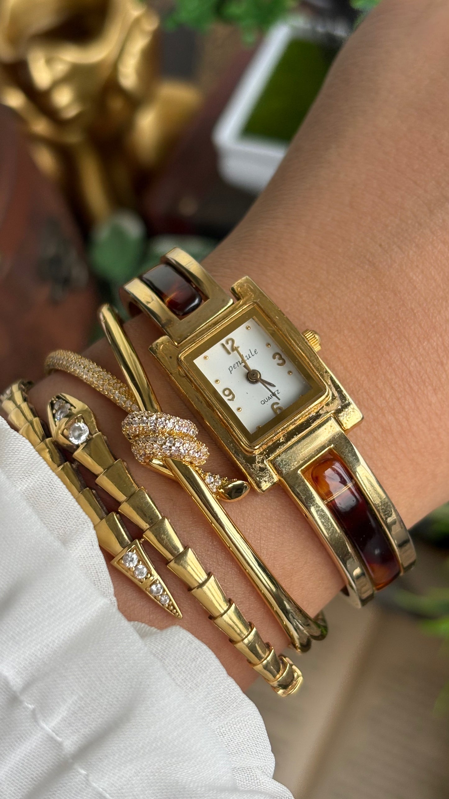 Vintage Tortoise Bangle Watch in Gold Tone