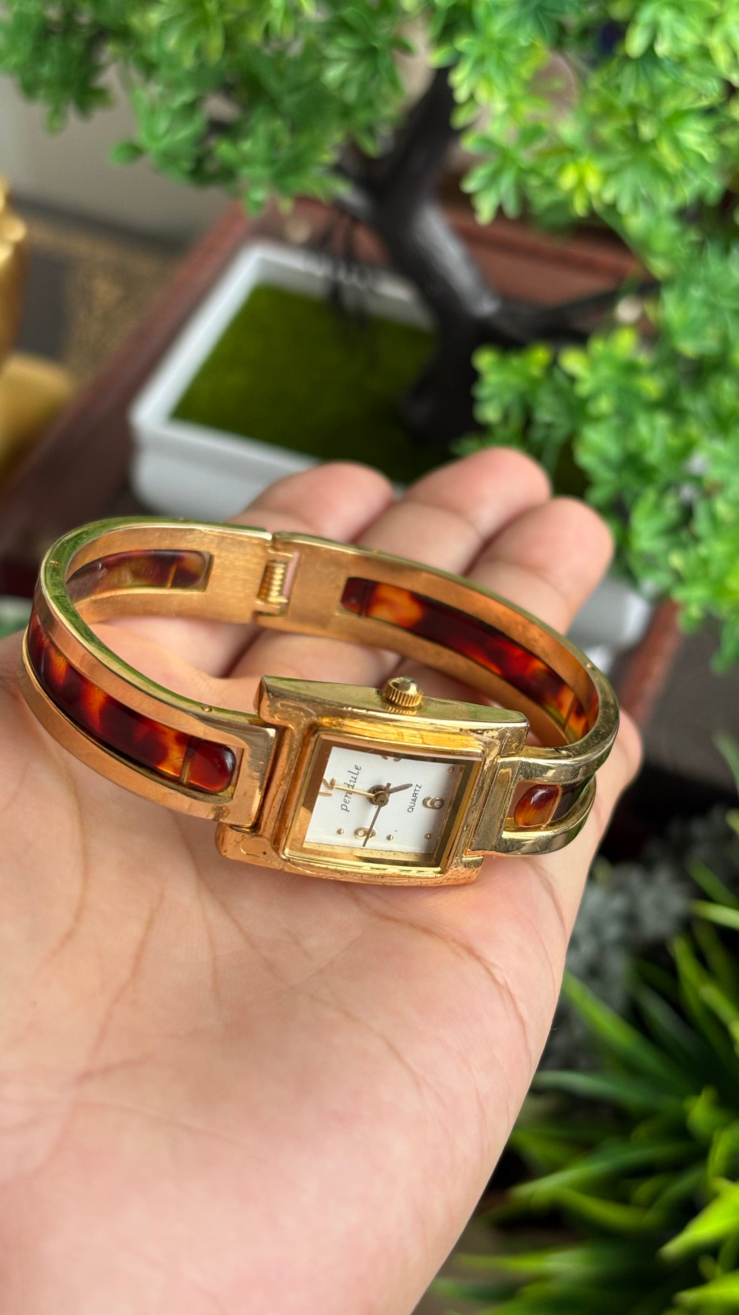 Vintage Tortoise Bangle Watch in Gold Tone