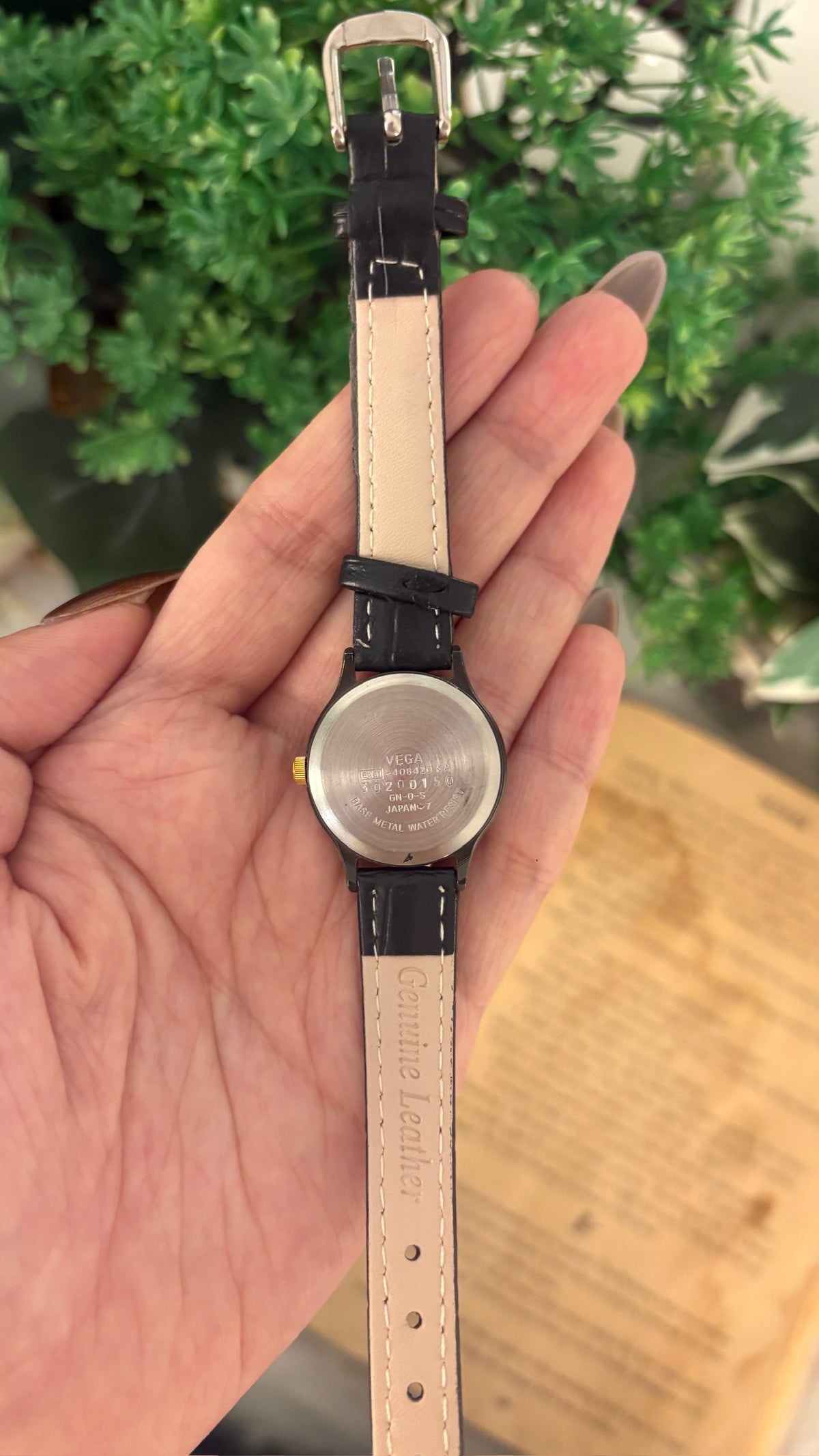 Vintage Junction Vega Citizen Roman Dial Watch in Gold Brass Tone Black Leather Quartz