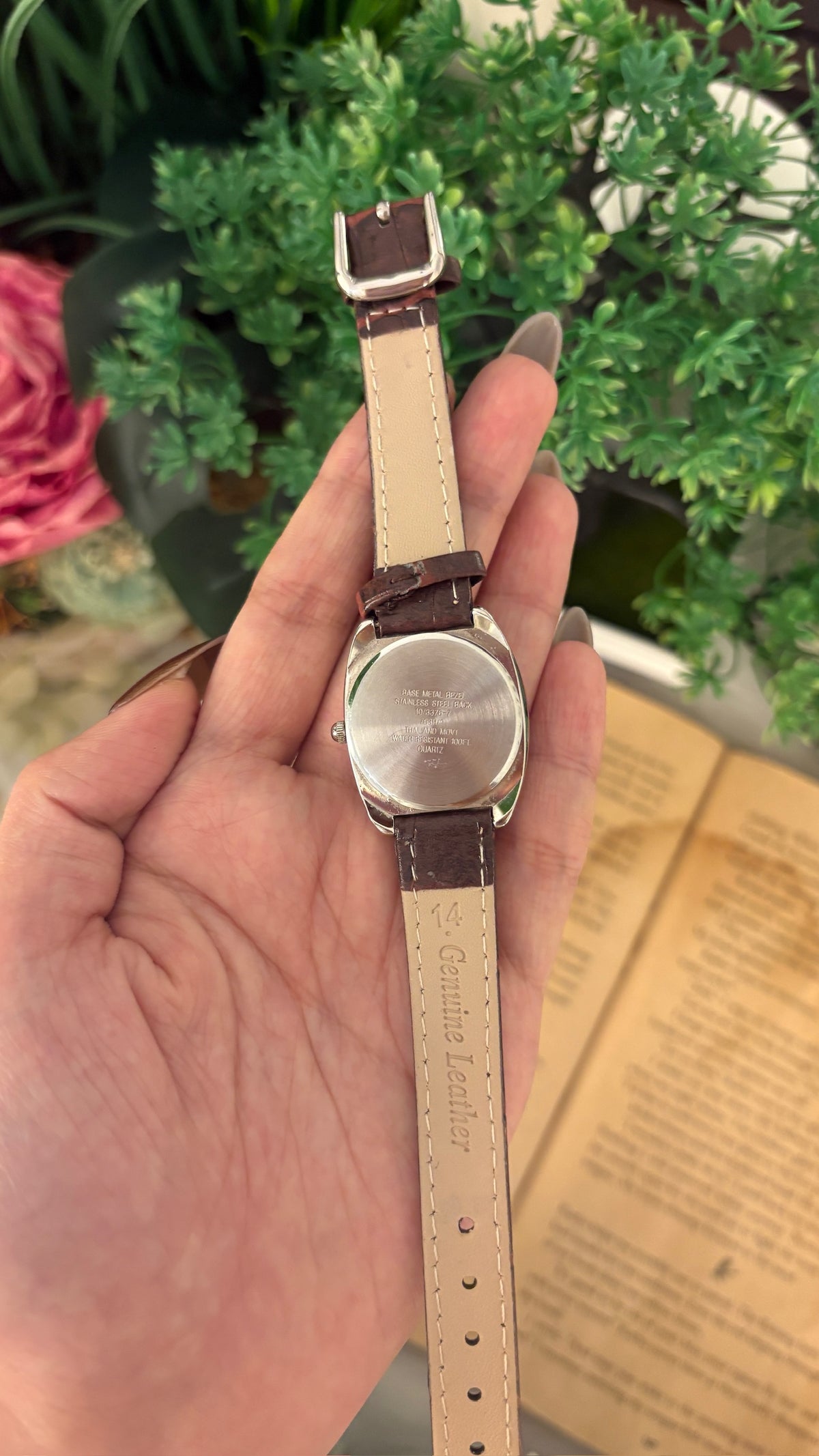 Vintage Anne Klein II Rose Pink Dial Watch in Silver Tone Brown Leather Quartz