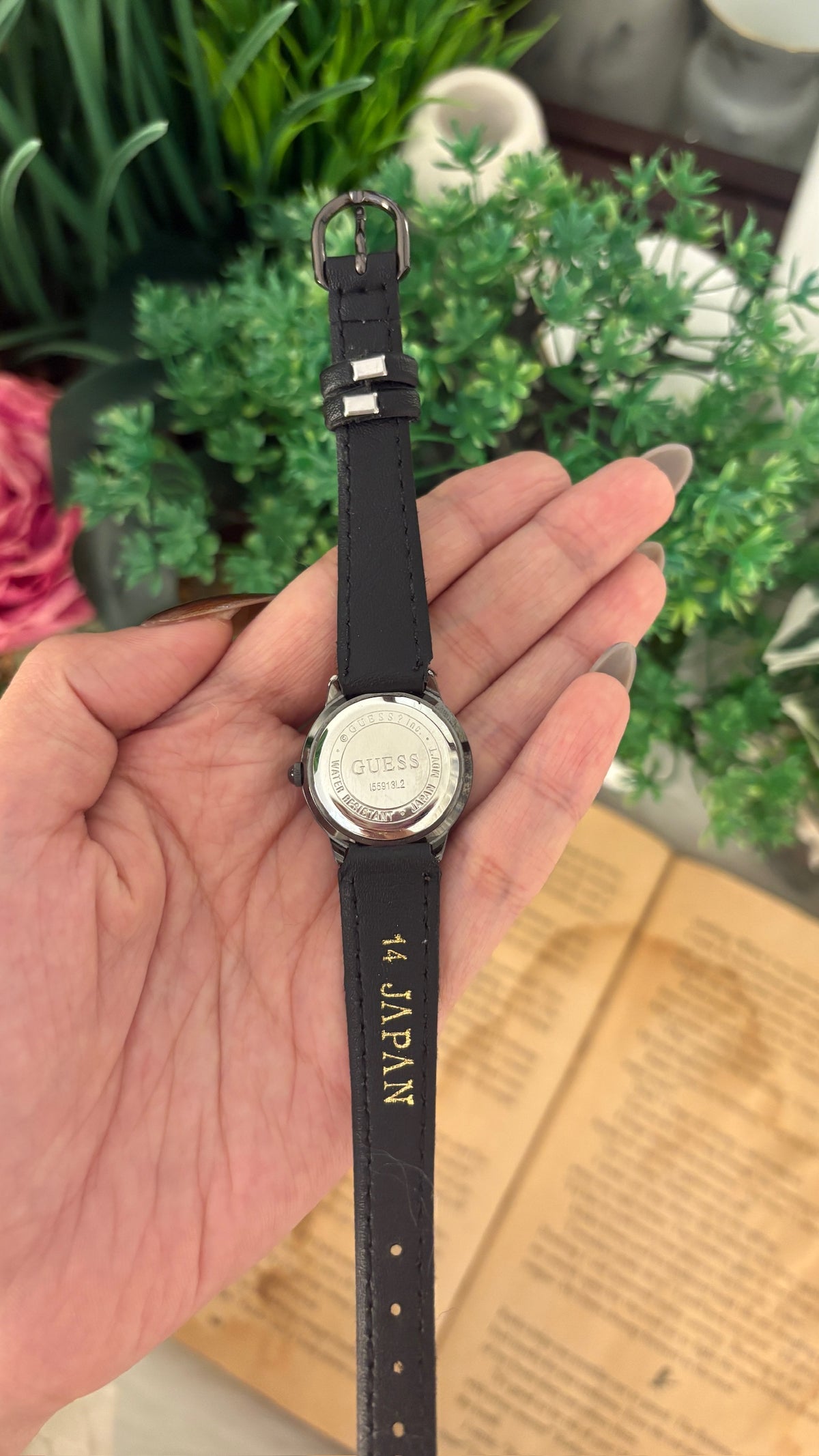 Rare Vintage Guess Blackout Watch in Silver Gunmetal Tone Black Leather Quartz