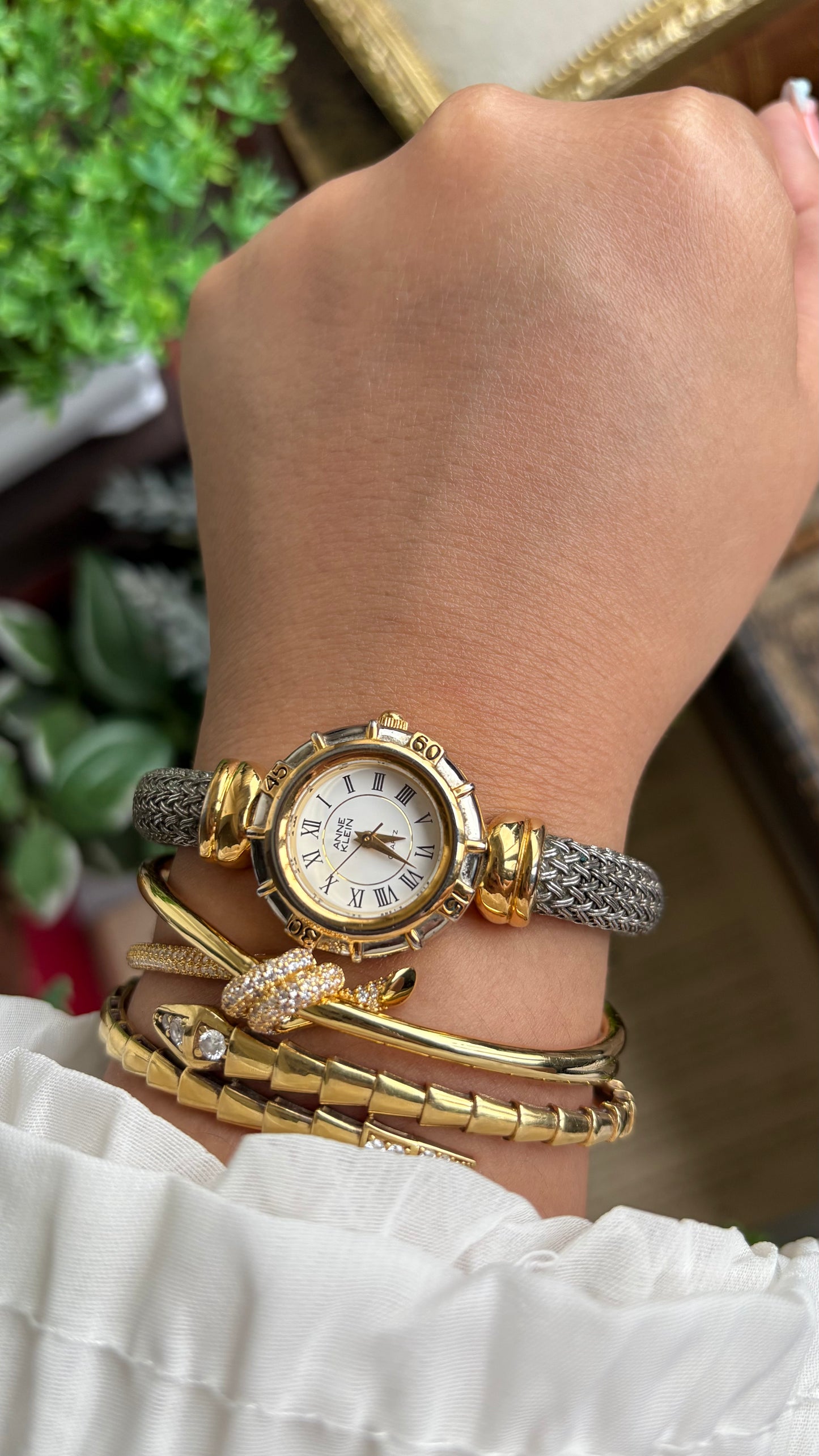 Extremely Rare Vintage Anne Klein Watch in Two-Tone Charriol Style Bangle Roman Dial