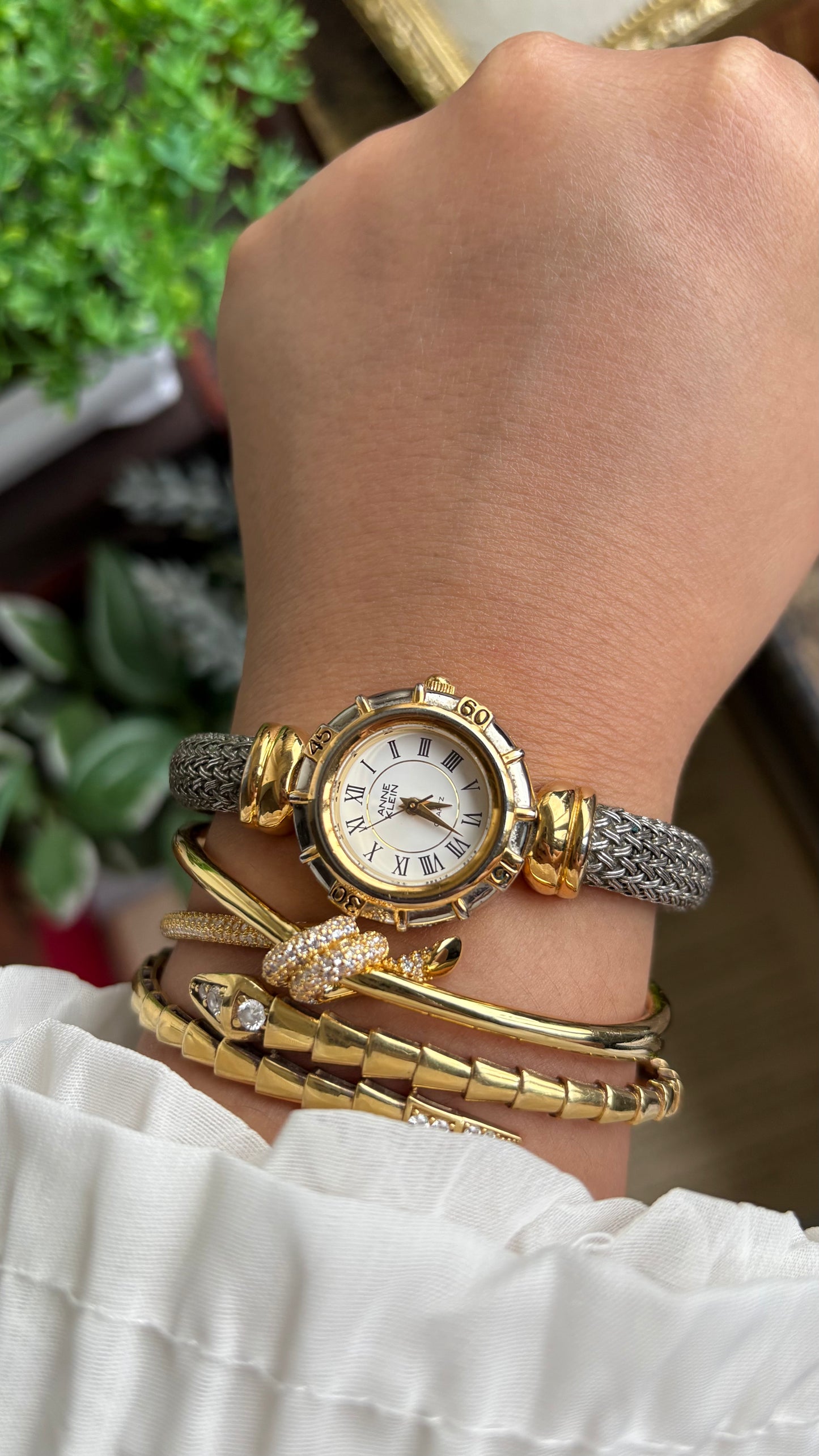 Extremely Rare Vintage Anne Klein Watch in Two-Tone Charriol Style Bangle Roman Dial
