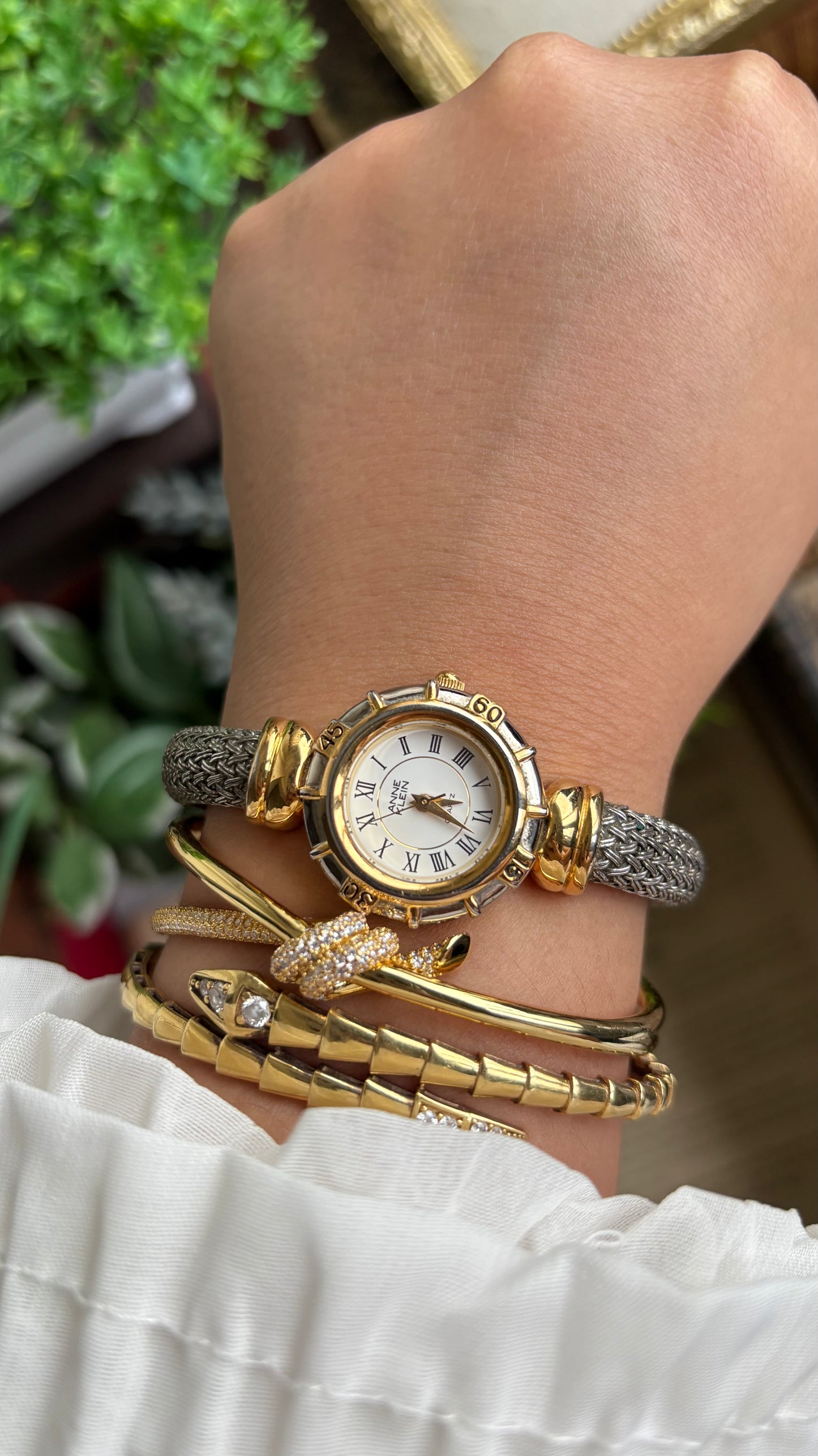 Extremely Rare Vintage Anne Klein Watch in Two-Tone Charriol Style Bangle Roman Dial
