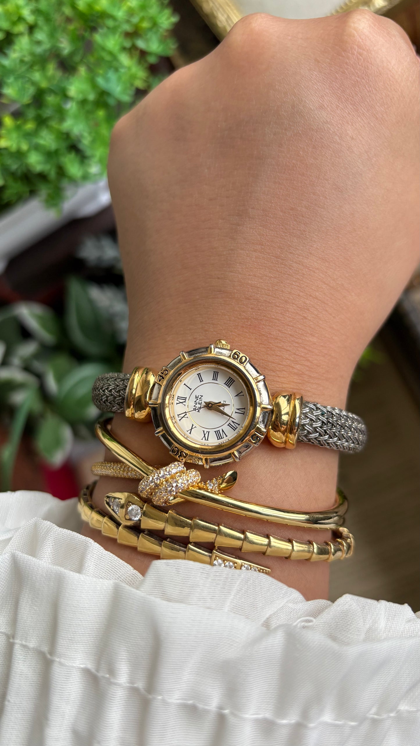 Extremely Rare Vintage Anne Klein Watch in Two-Tone Charriol Style Bangle Roman Dial