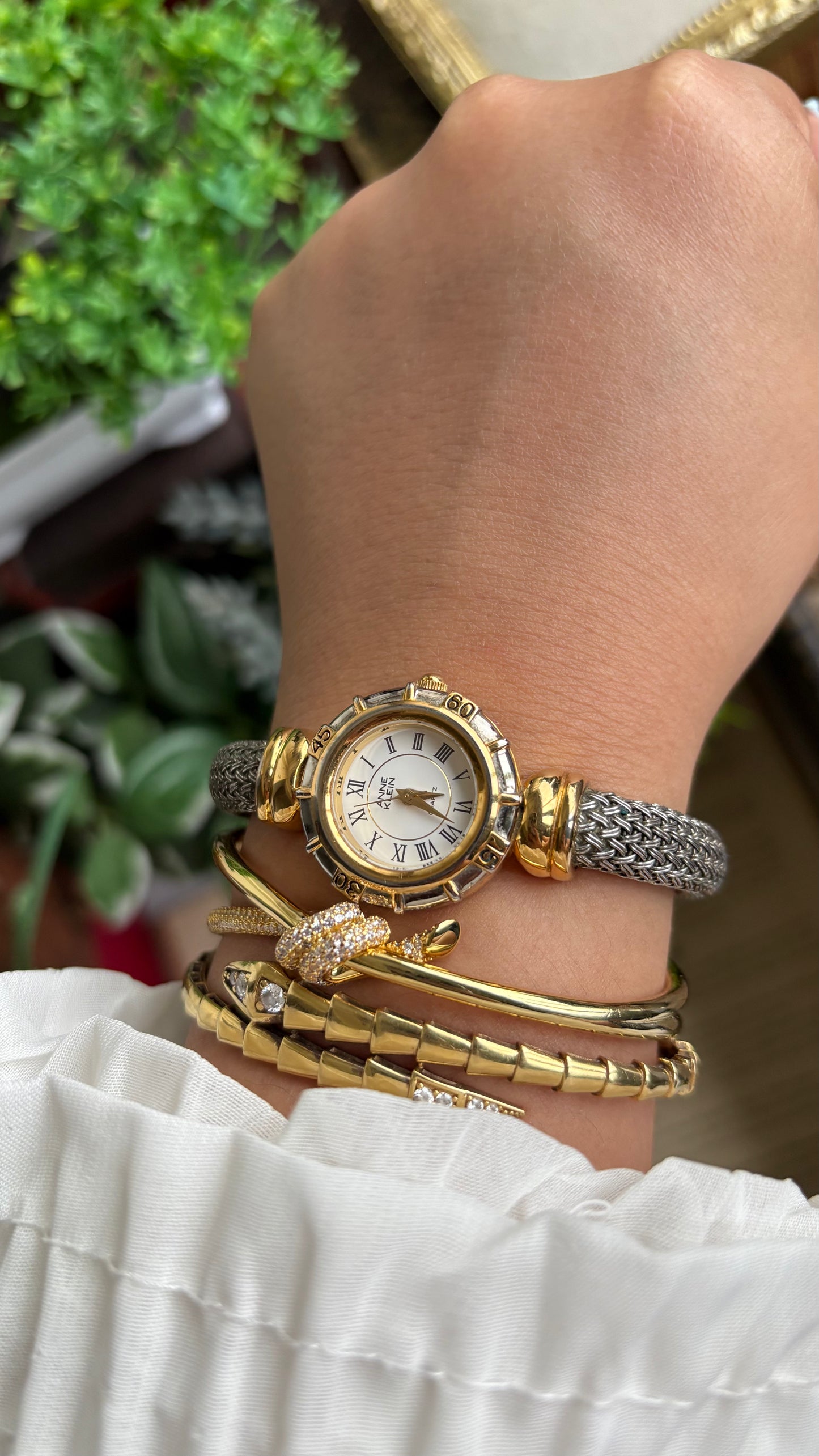Extremely Rare Vintage Anne Klein Watch in Two-Tone Charriol Style Bangle Roman Dial