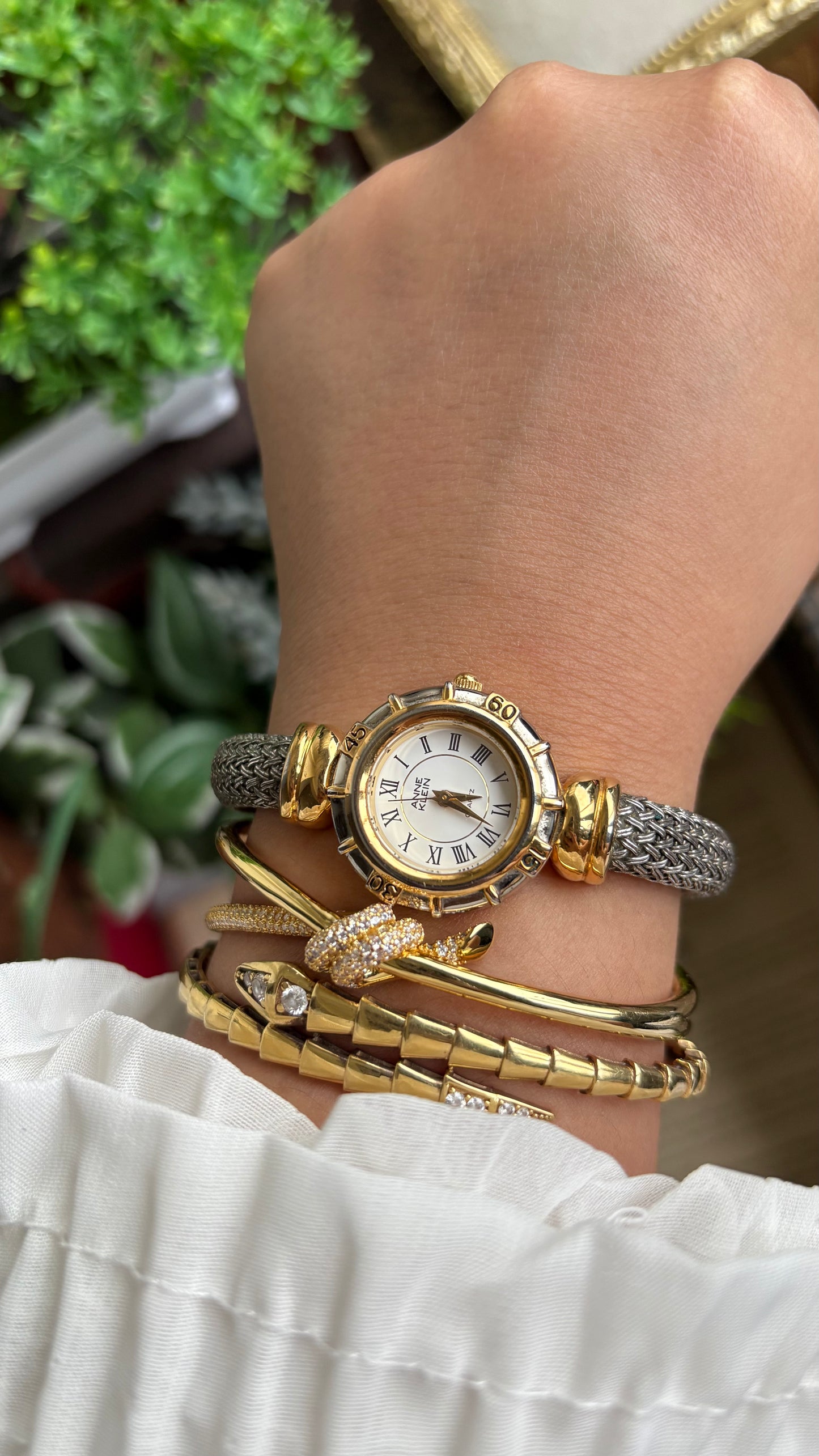 Extremely Rare Vintage Anne Klein Watch in Two-Tone Charriol Style Bangle Roman Dial