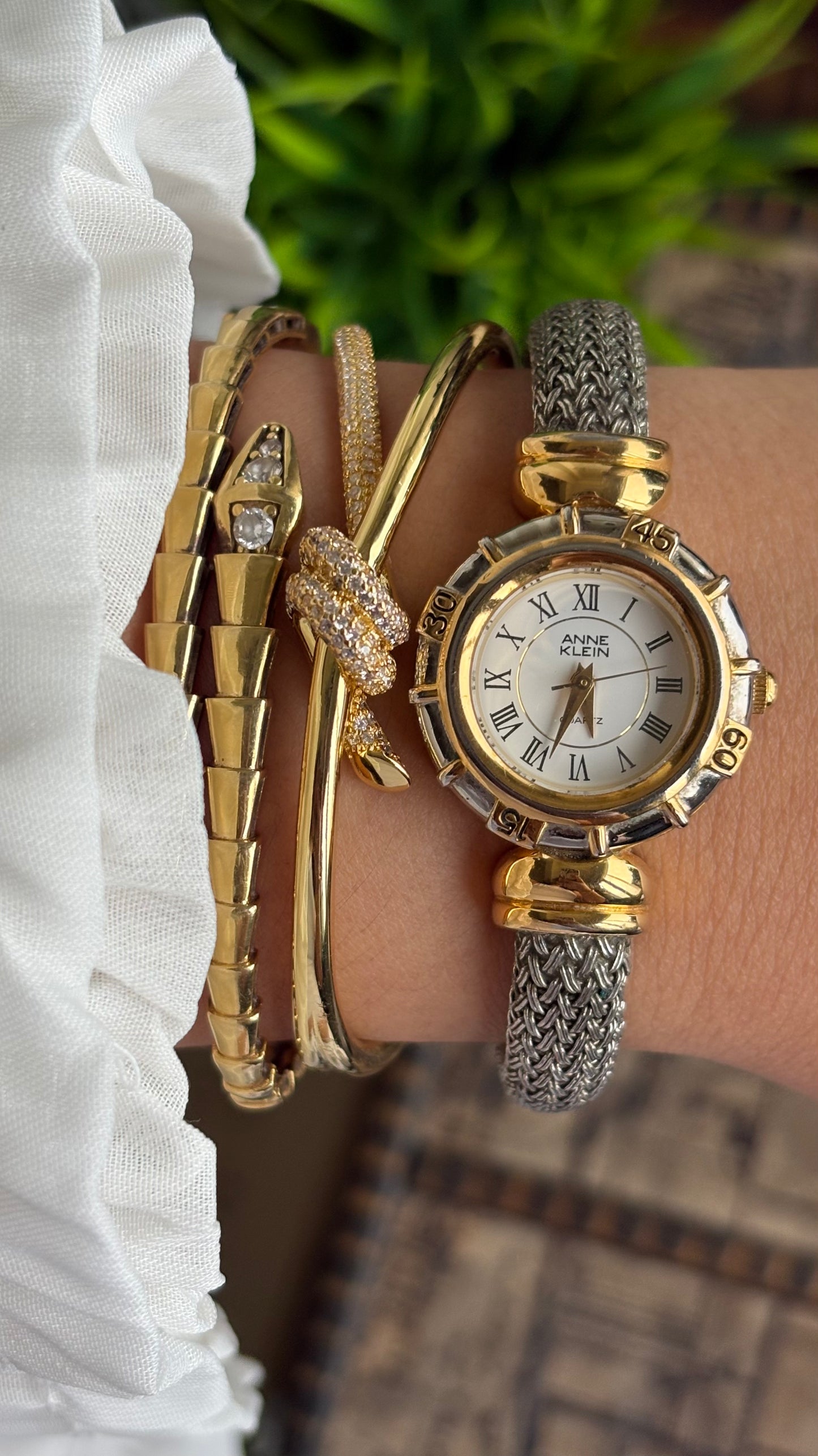 Extremely Rare Vintage Anne Klein Watch in Two-Tone Charriol Style Bangle Roman Dial