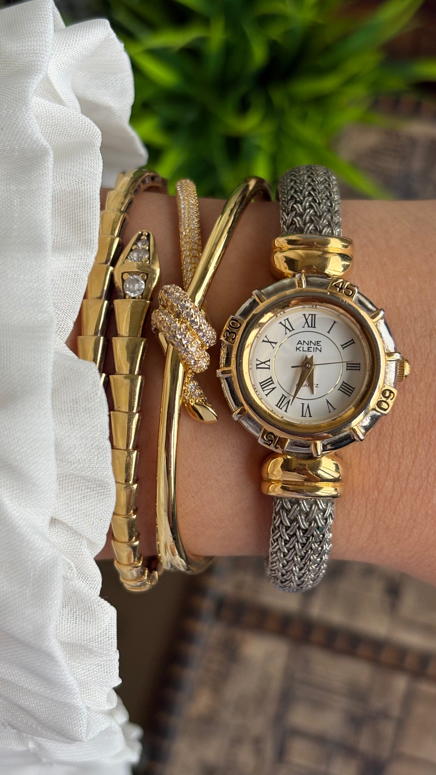 Extremely Rare Vintage Anne Klein Watch in Two-Tone Charriol Style Bangle Roman Dial