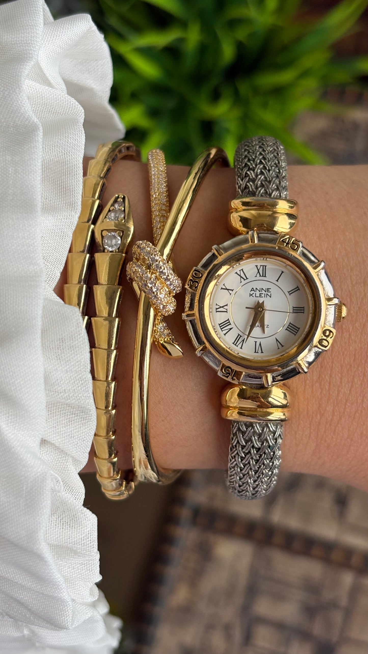 Extremely Rare Vintage Anne Klein Watch in Two-Tone Charriol Style Bangle Roman Dial