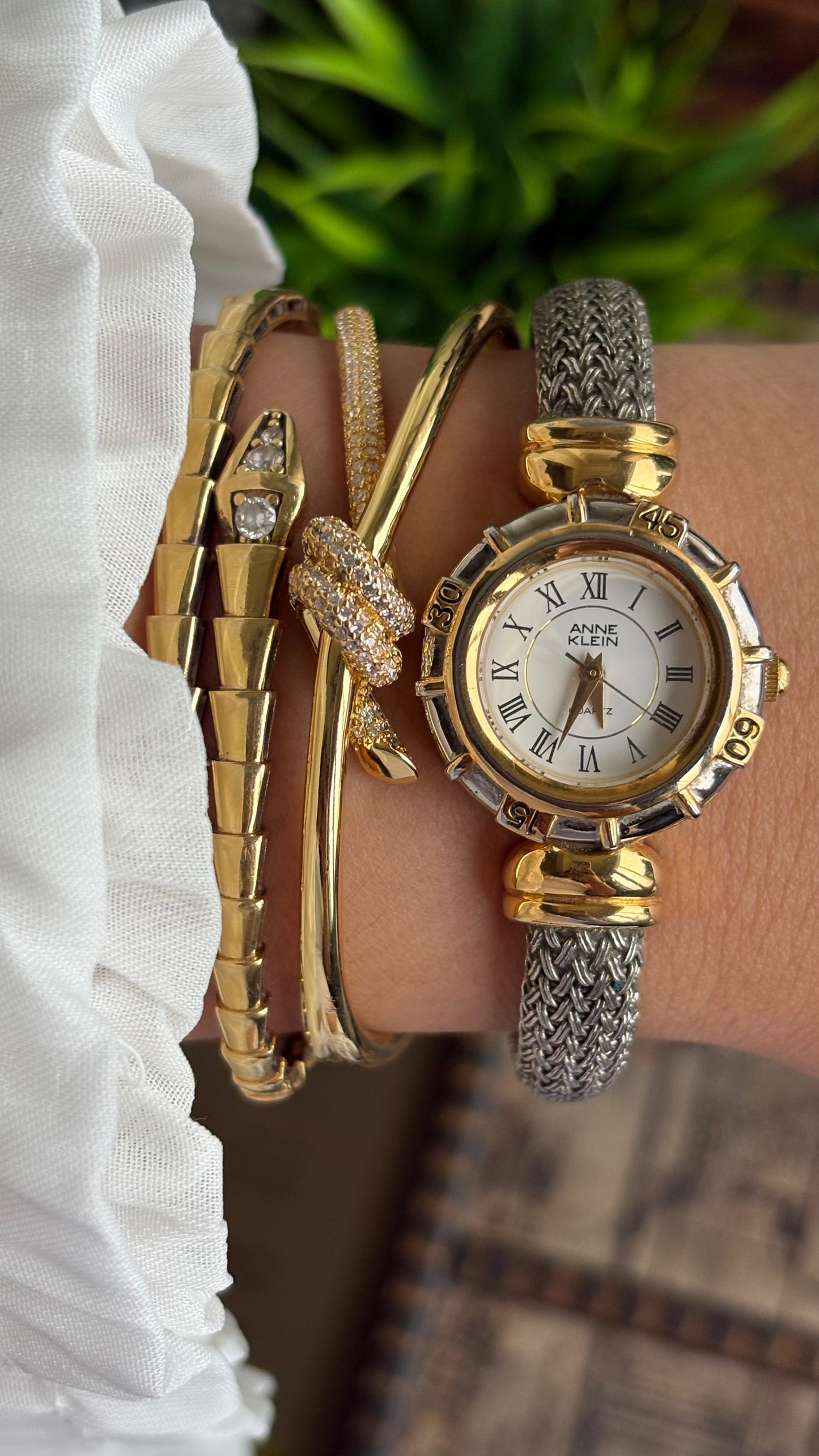 Extremely Rare Vintage Anne Klein Watch in Two-Tone Charriol Style Bangle Roman Dial