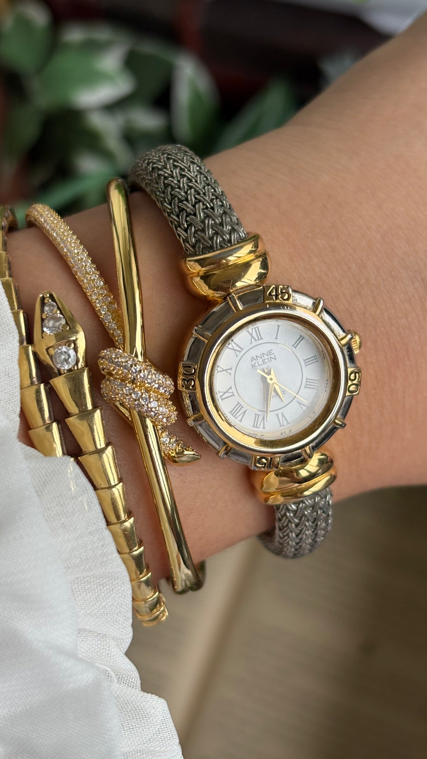 Extremely Rare Vintage Anne Klein Watch in Two-Tone Charriol Style Bangle Roman Dial