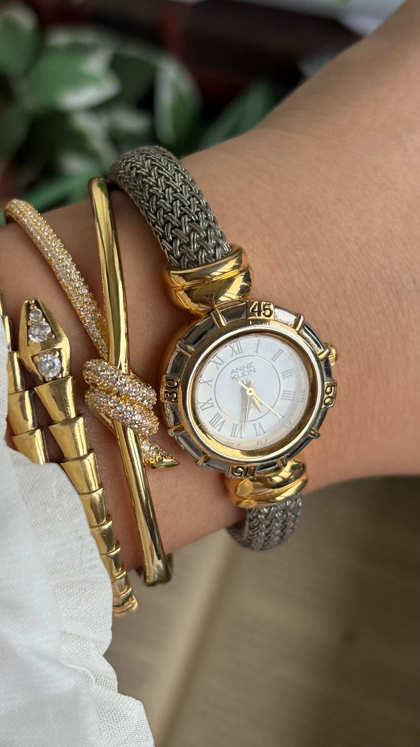 Extremely Rare Vintage Anne Klein Watch in Two-Tone Charriol Style Bangle Roman Dial