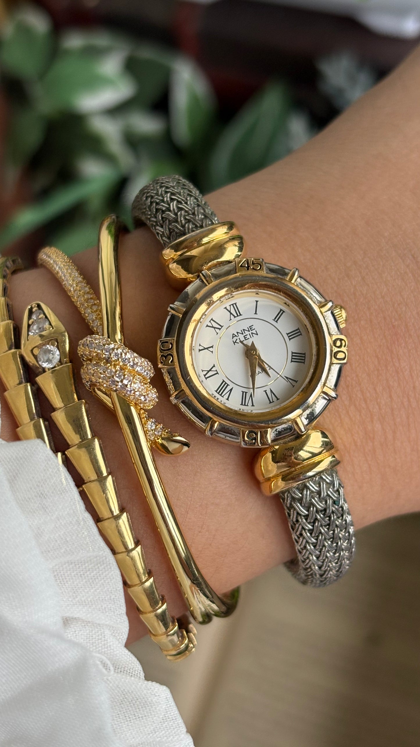 Extremely Rare Vintage Anne Klein Watch in Two-Tone Charriol Style Bangle Roman Dial