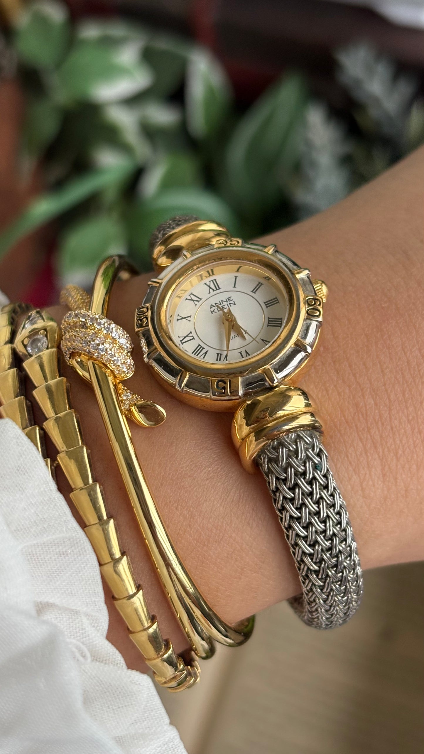 Extremely Rare Vintage Anne Klein Watch in Two-Tone Charriol Style Bangle Roman Dial