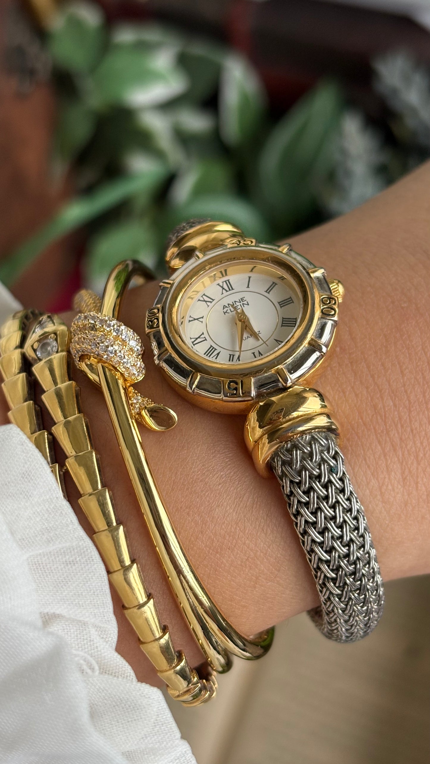 Extremely Rare Vintage Anne Klein Watch in Two-Tone Charriol Style Bangle Roman Dial