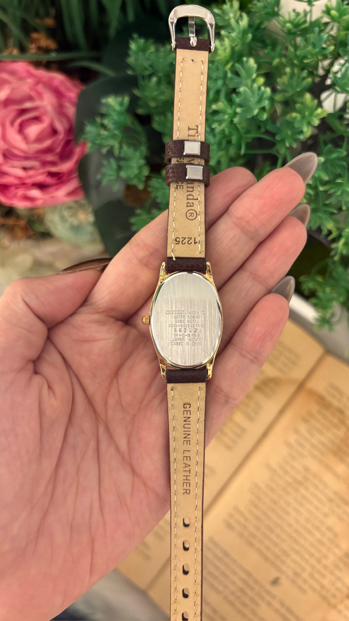 Vintage Citizen Eco-Drive Rhinestone Accent Oval Dial Watch in Gold Tone Brown Leather Quartz