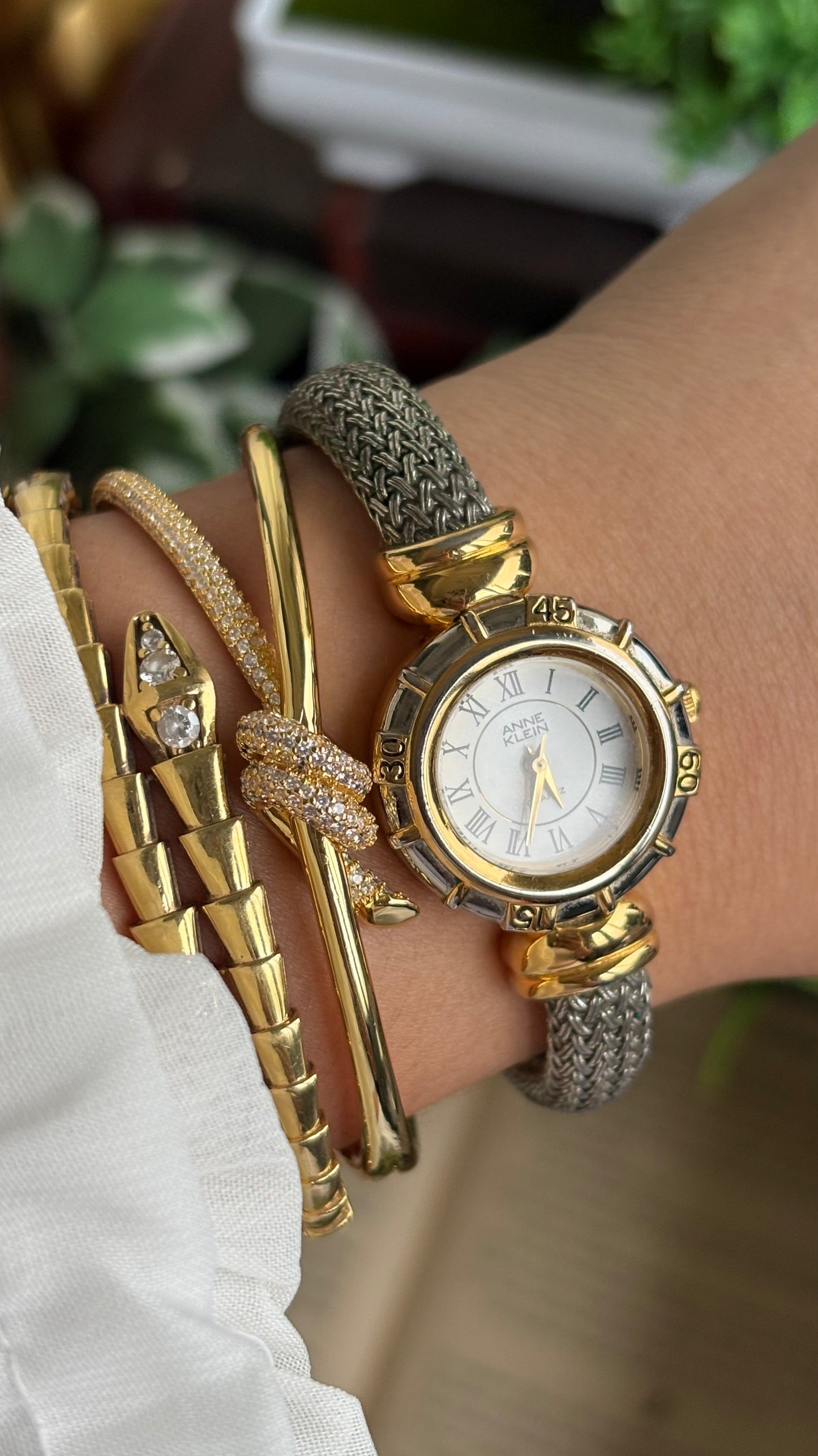 Extremely Rare Vintage Anne Klein Watch in Two-Tone Charriol Style Bangle Roman Dial