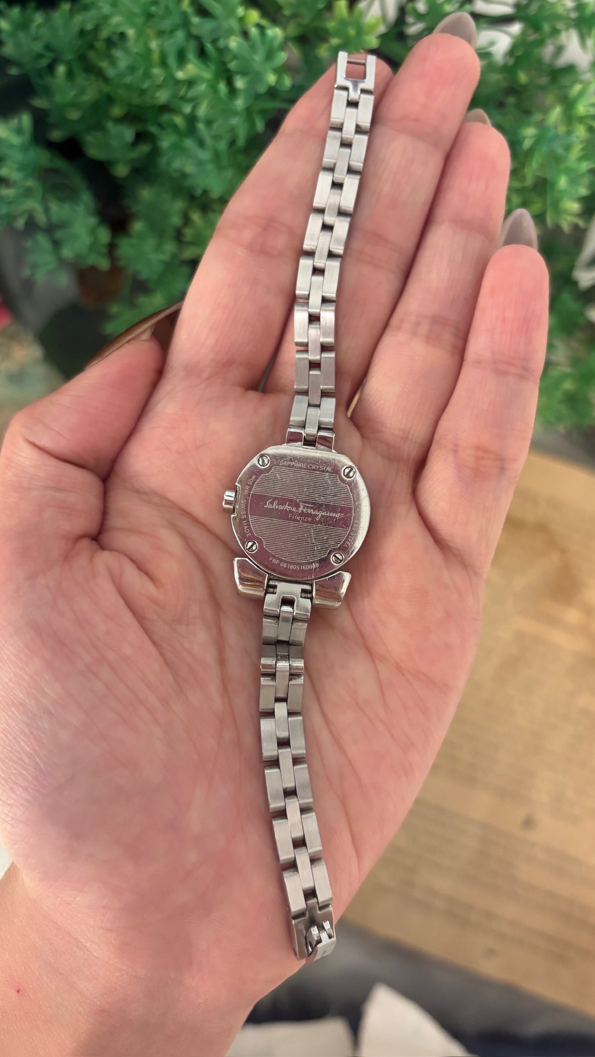 Extremely Rare Salvatore Ferragamo Pink Mother of Pearl Logo Dial Watch in Silver Tone Quartz