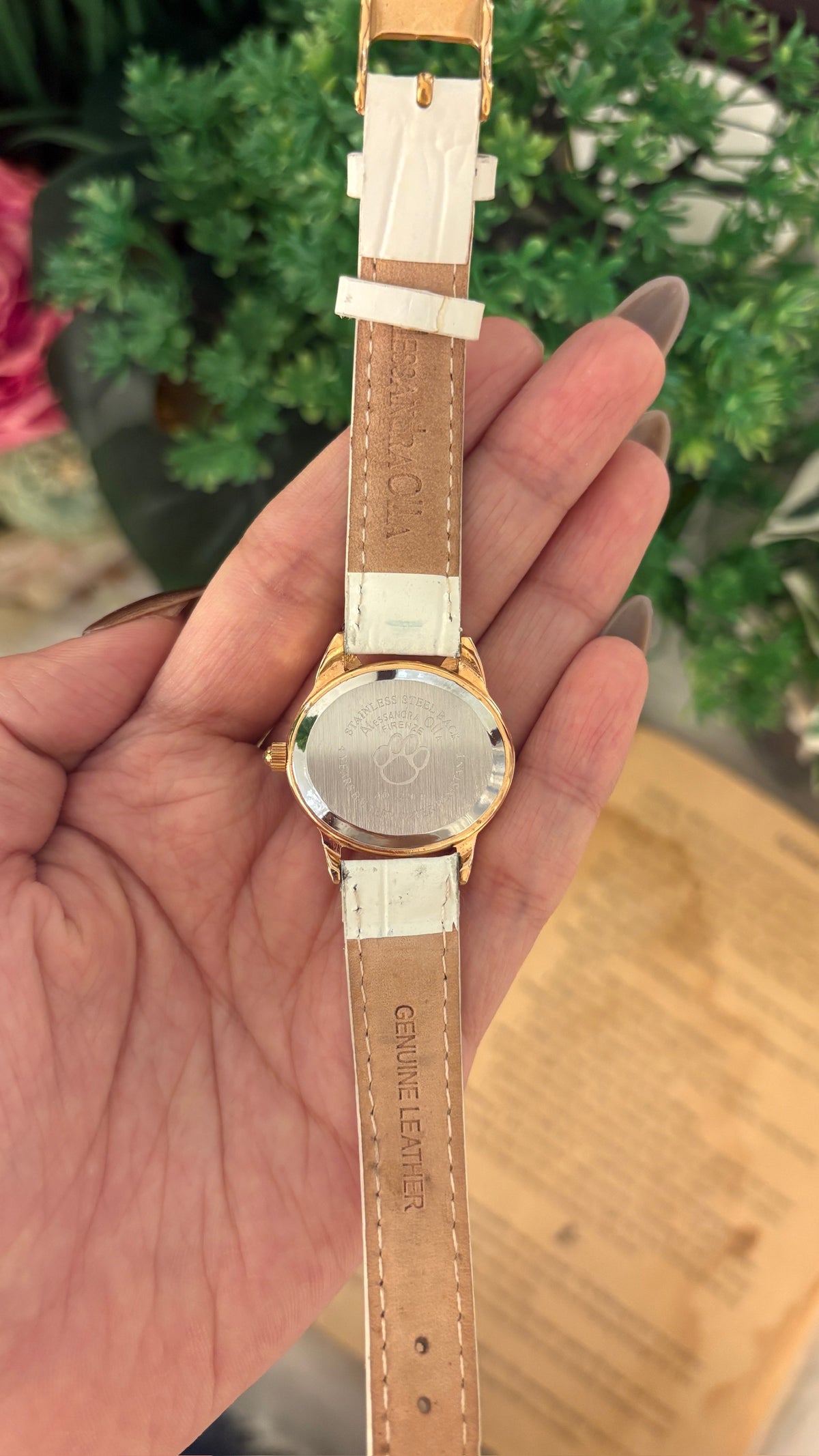 Vintage Alessandra Olla Mother of Pearl Dial Watch in Rose Gold Tone White Leather Quartz