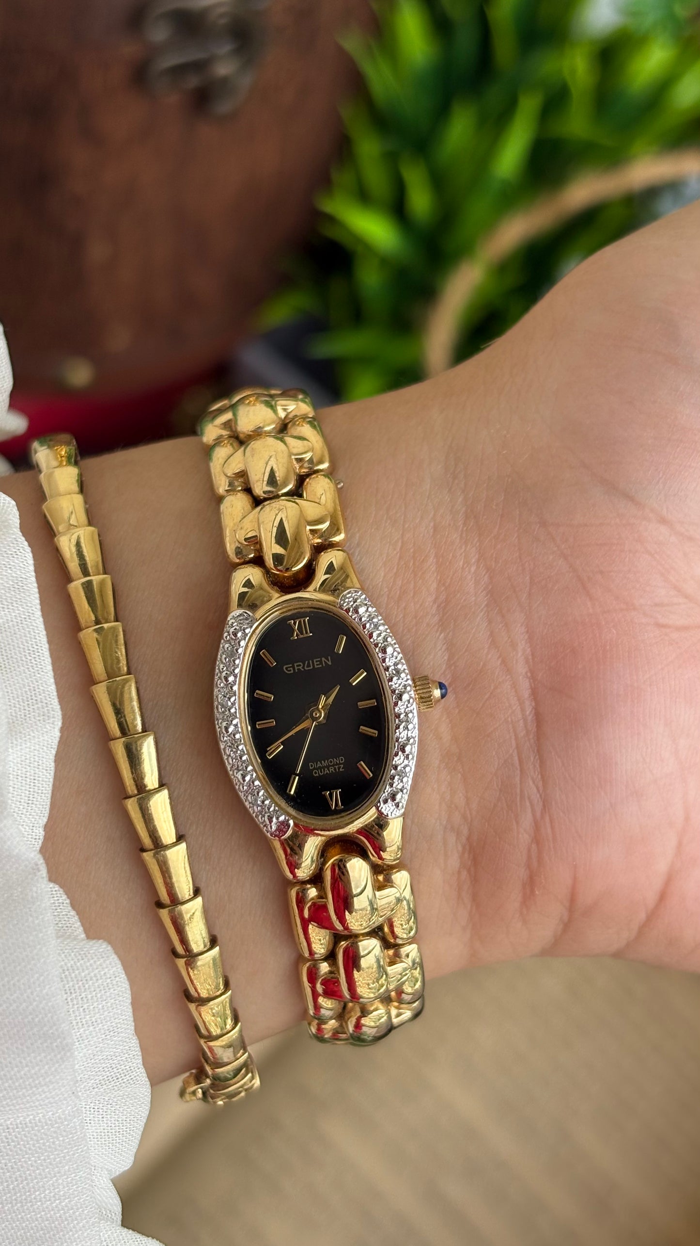 Extremely Rare Vintage Gruen Diamond Bejeweled Watch in Gold Tone Sapphire Crown