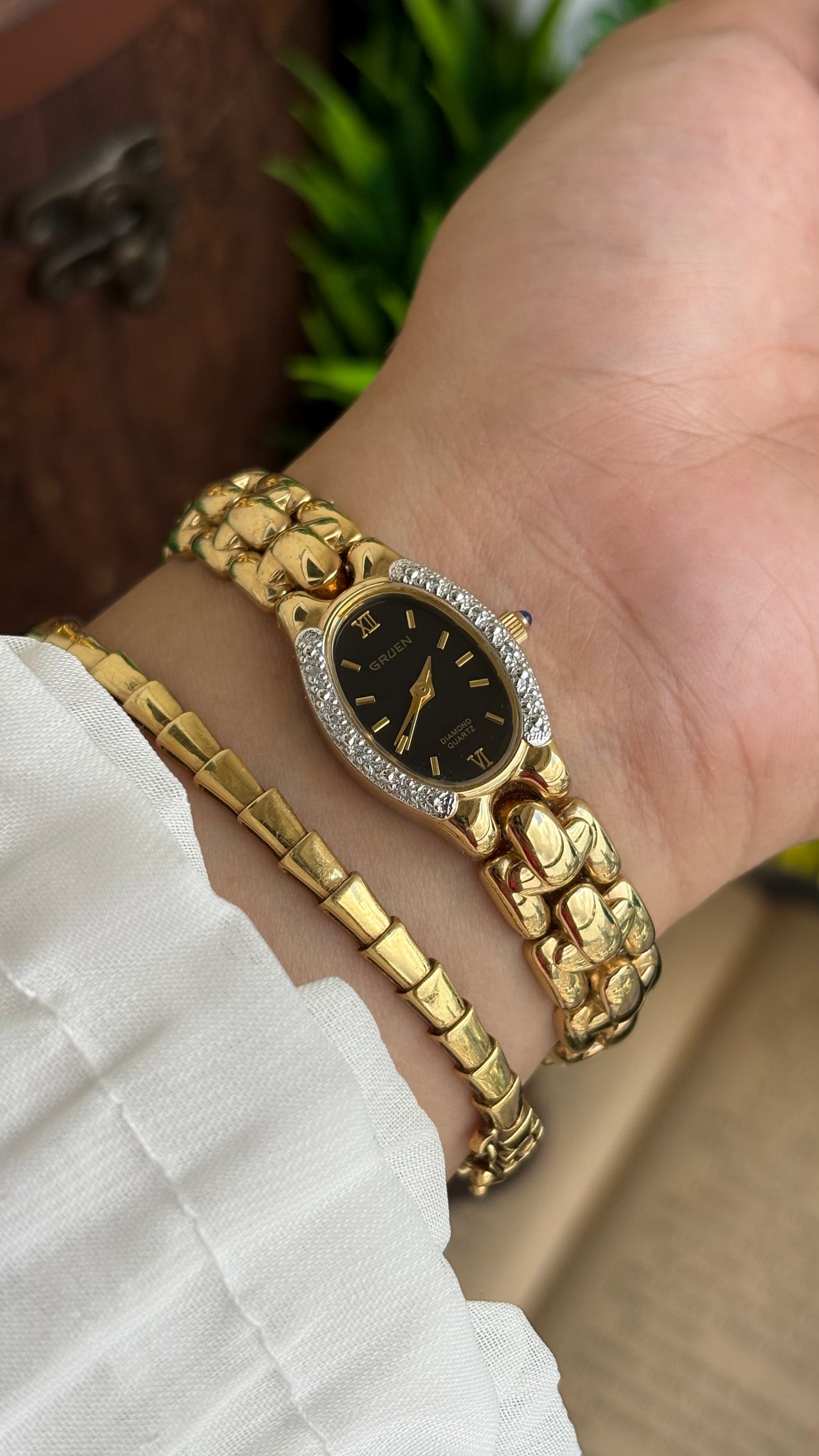 Extremely Rare Vintage Gruen Diamond Bejeweled Watch in Gold Tone Sapphire Crown