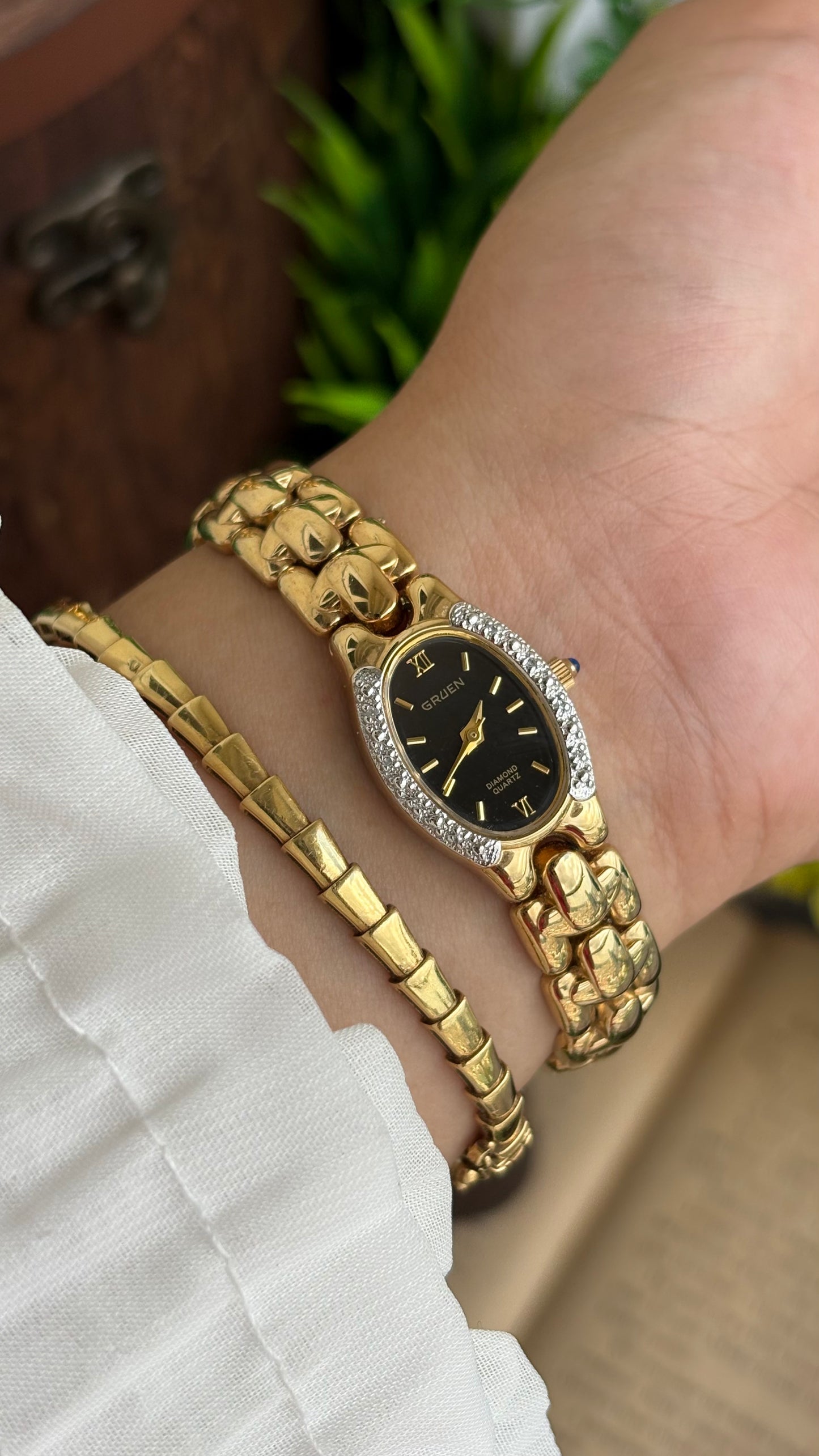 Extremely Rare Vintage Gruen Diamond Bejeweled Watch in Gold Tone Sapphire Crown