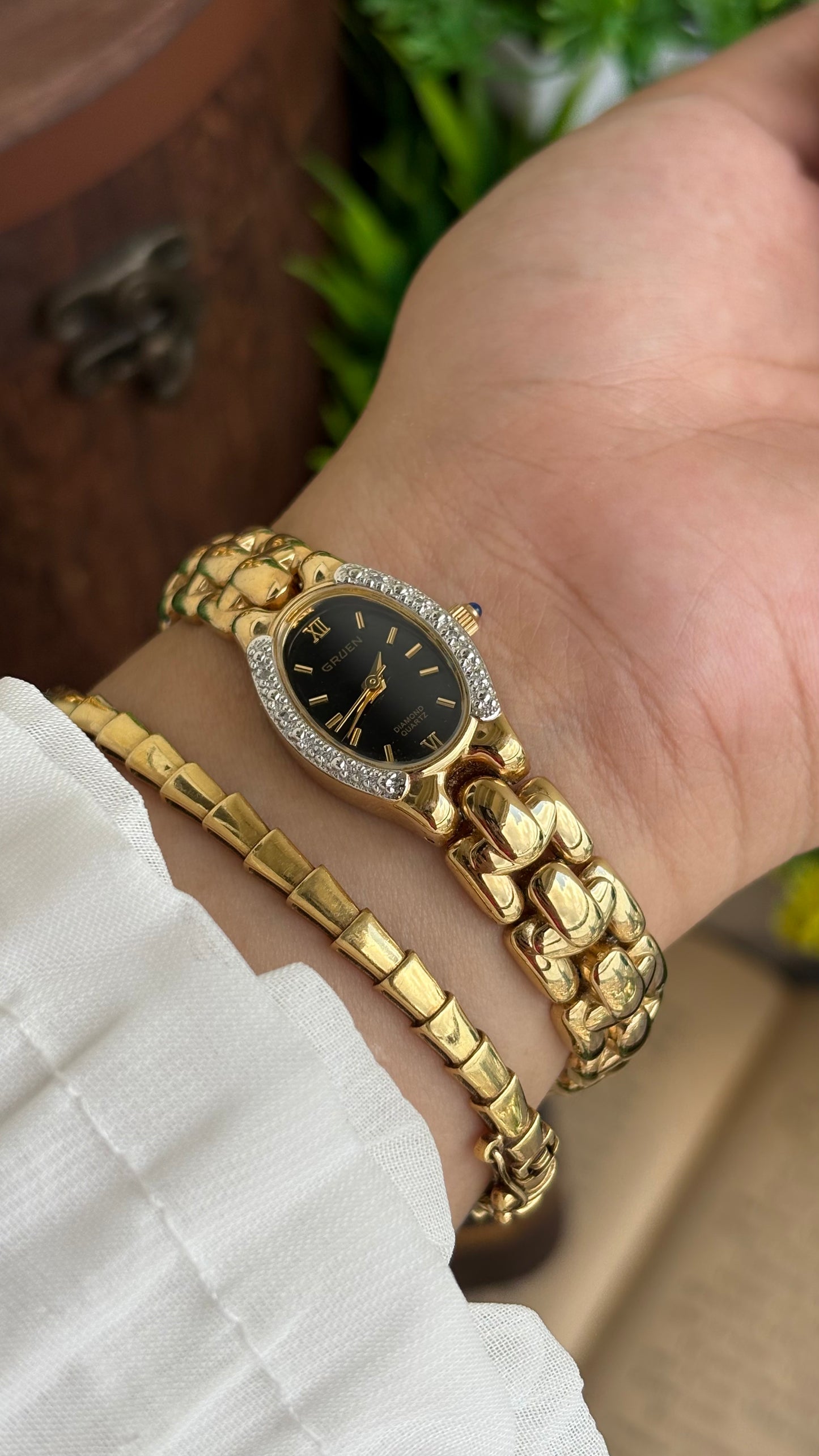 Extremely Rare Vintage Gruen Diamond Bejeweled Watch in Gold Tone Sapphire Crown