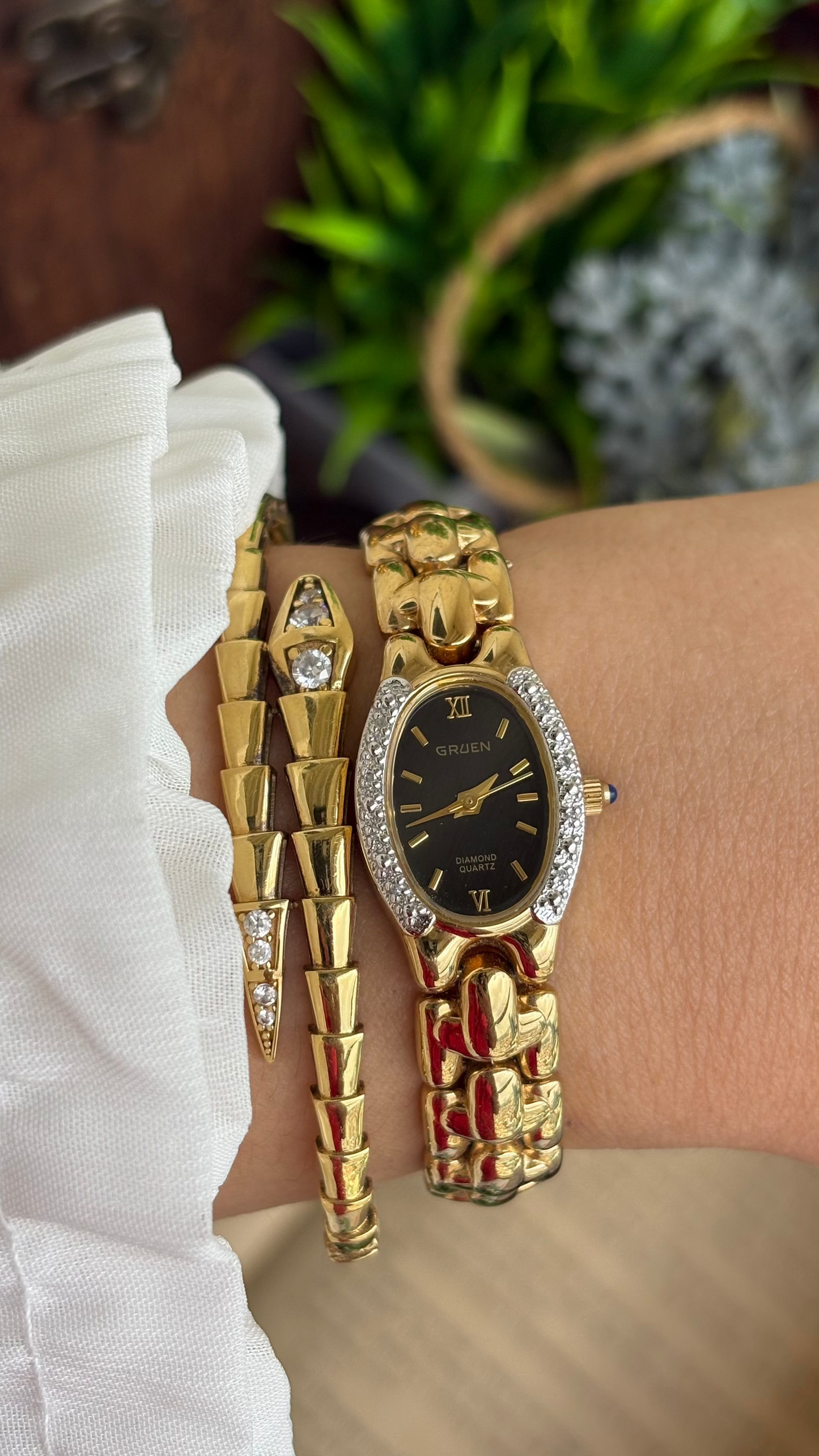 Extremely Rare Vintage Gruen Diamond Bejeweled Watch in Gold Tone Sapphire Crown