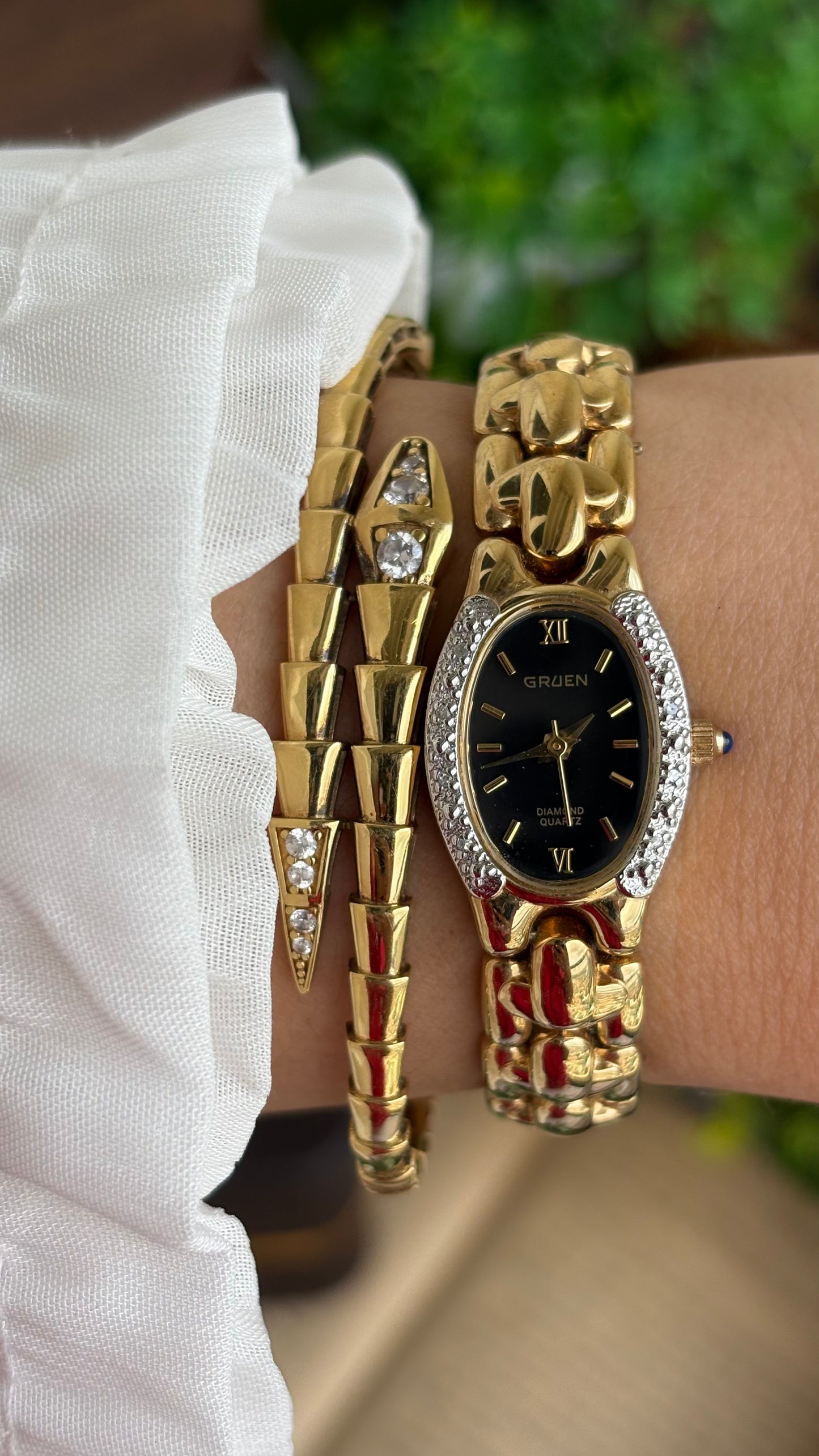 Extremely Rare Vintage Gruen Diamond Bejeweled Watch in Gold Tone Sapphire Crown