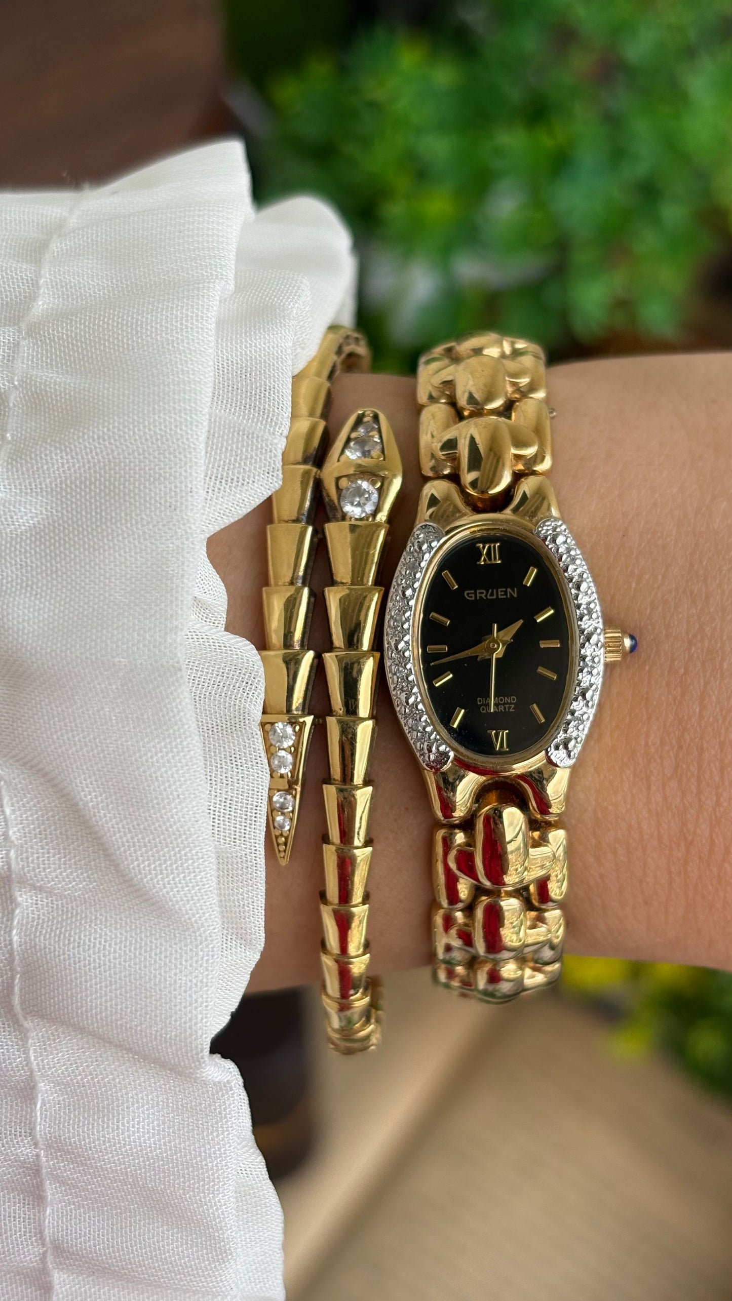 Extremely Rare Vintage Gruen Diamond Bejeweled Watch in Gold Tone Sapphire Crown