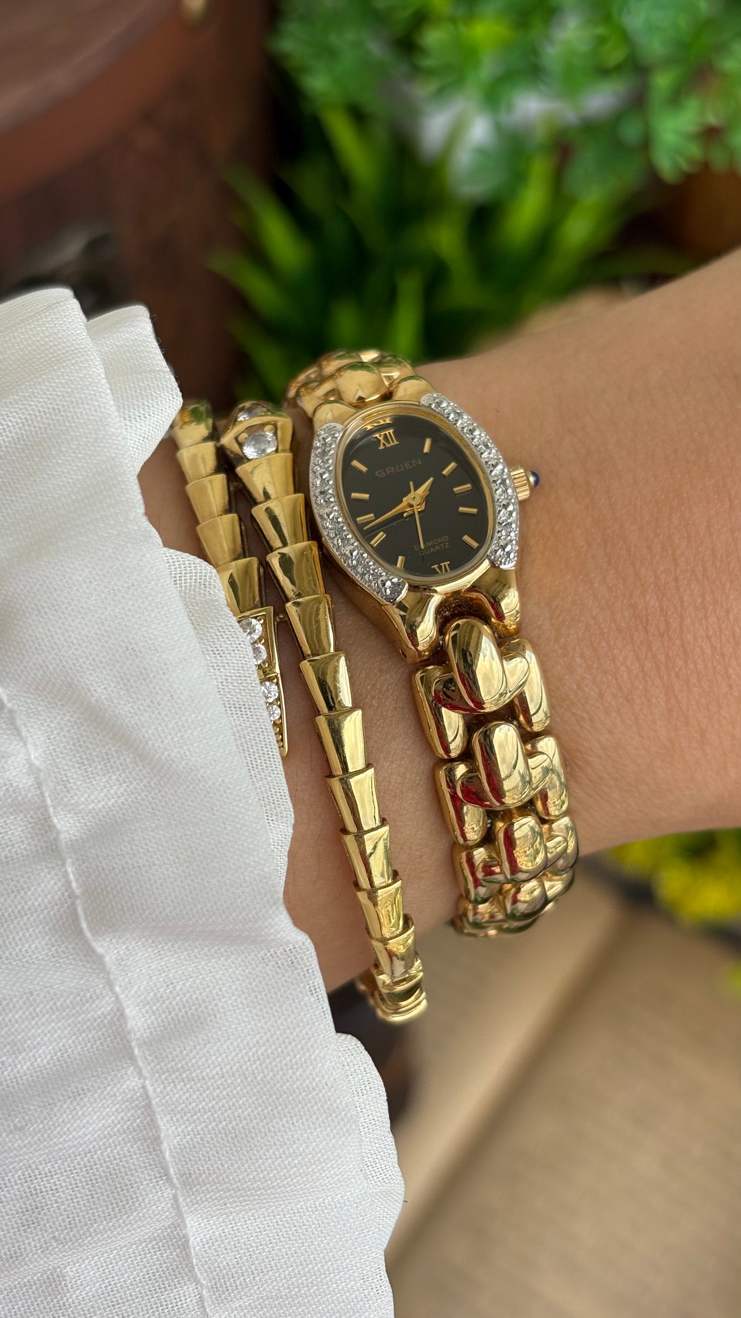 Extremely Rare Vintage Gruen Diamond Bejeweled Watch in Gold Tone Sapphire Crown
