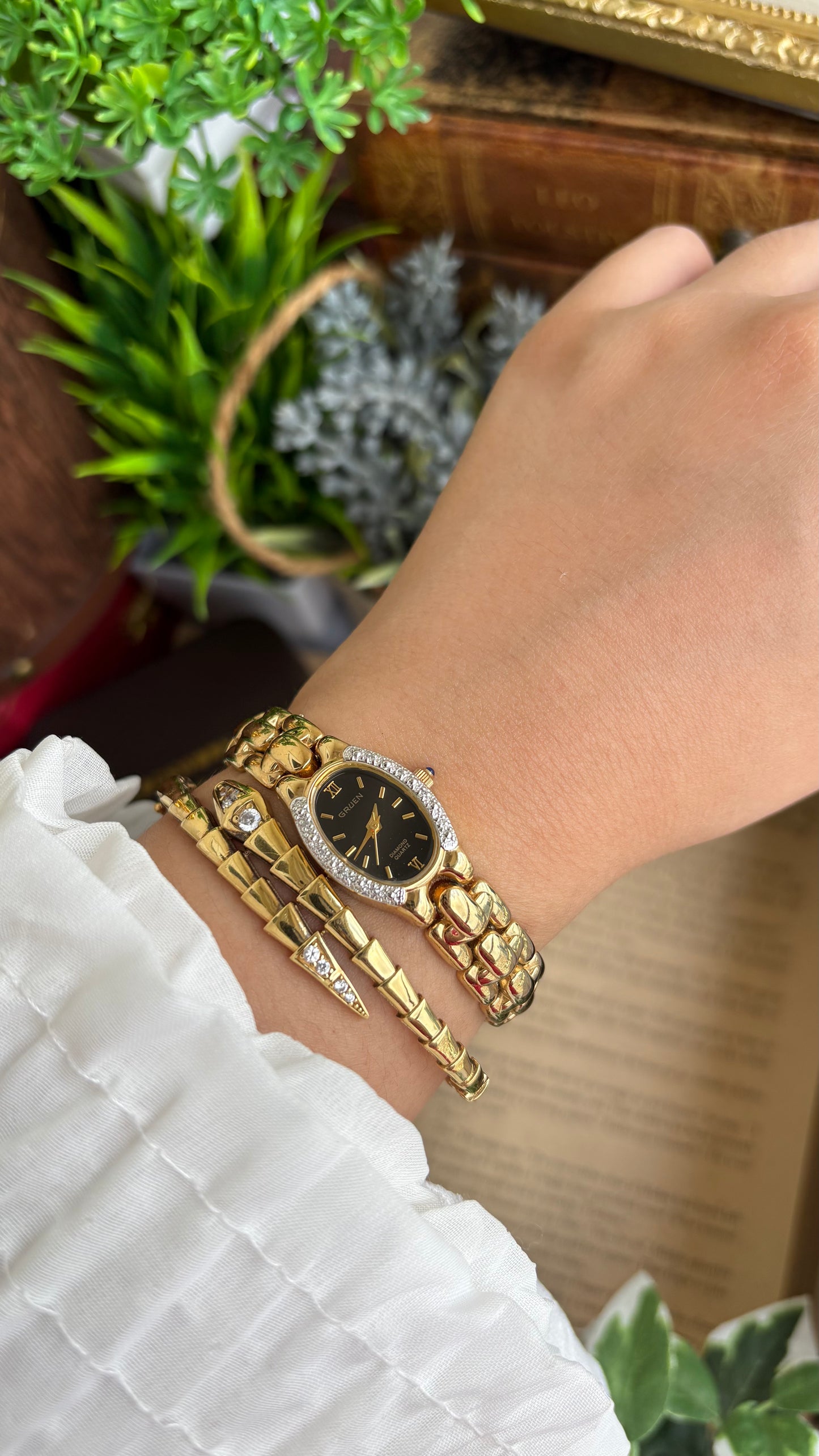 Extremely Rare Vintage Gruen Diamond Bejeweled Watch in Gold Tone Sapphire Crown