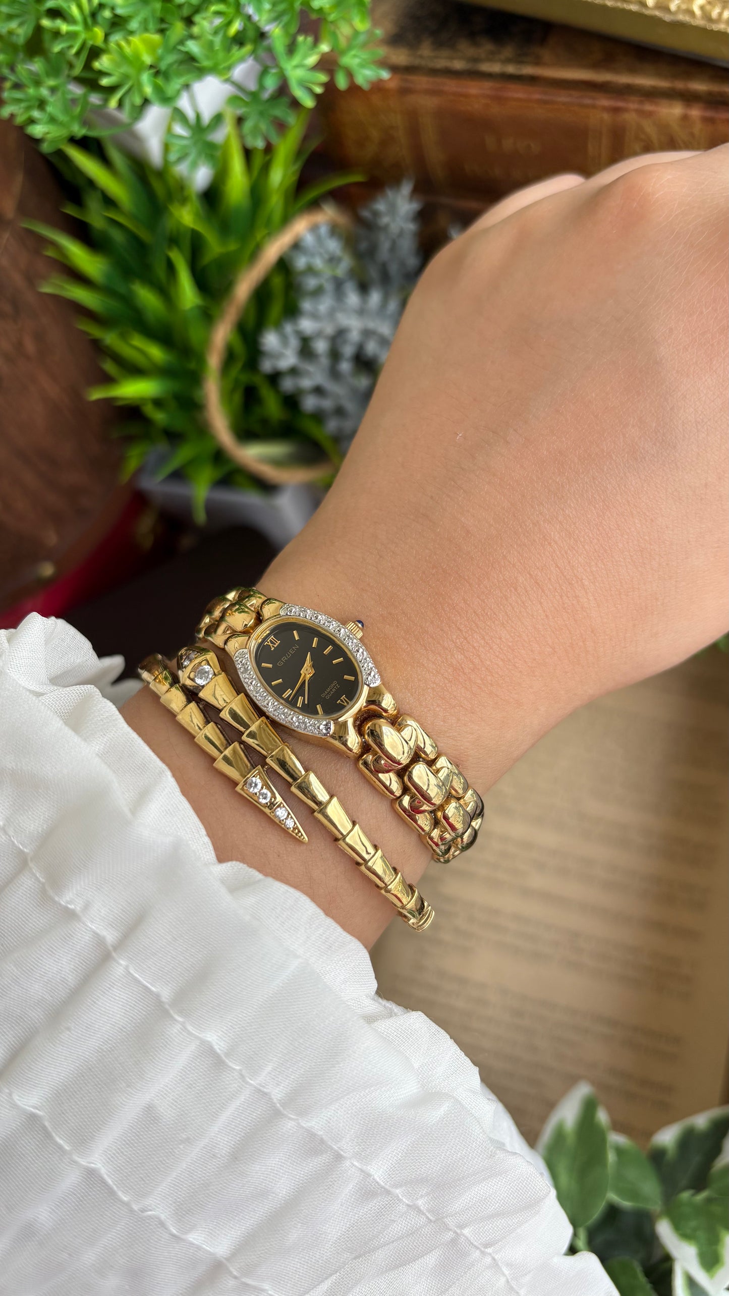 Extremely Rare Vintage Gruen Diamond Bejeweled Watch in Gold Tone Sapphire Crown