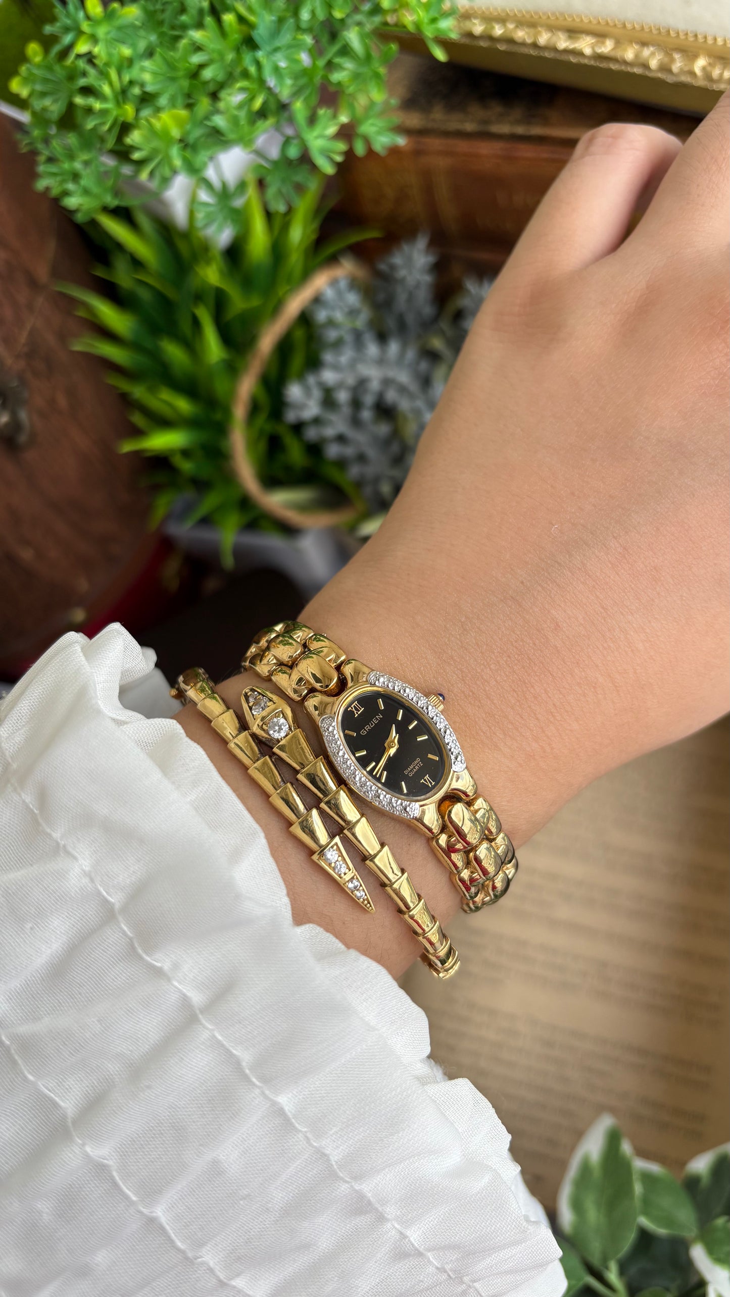 Extremely Rare Vintage Gruen Diamond Bejeweled Watch in Gold Tone Sapphire Crown