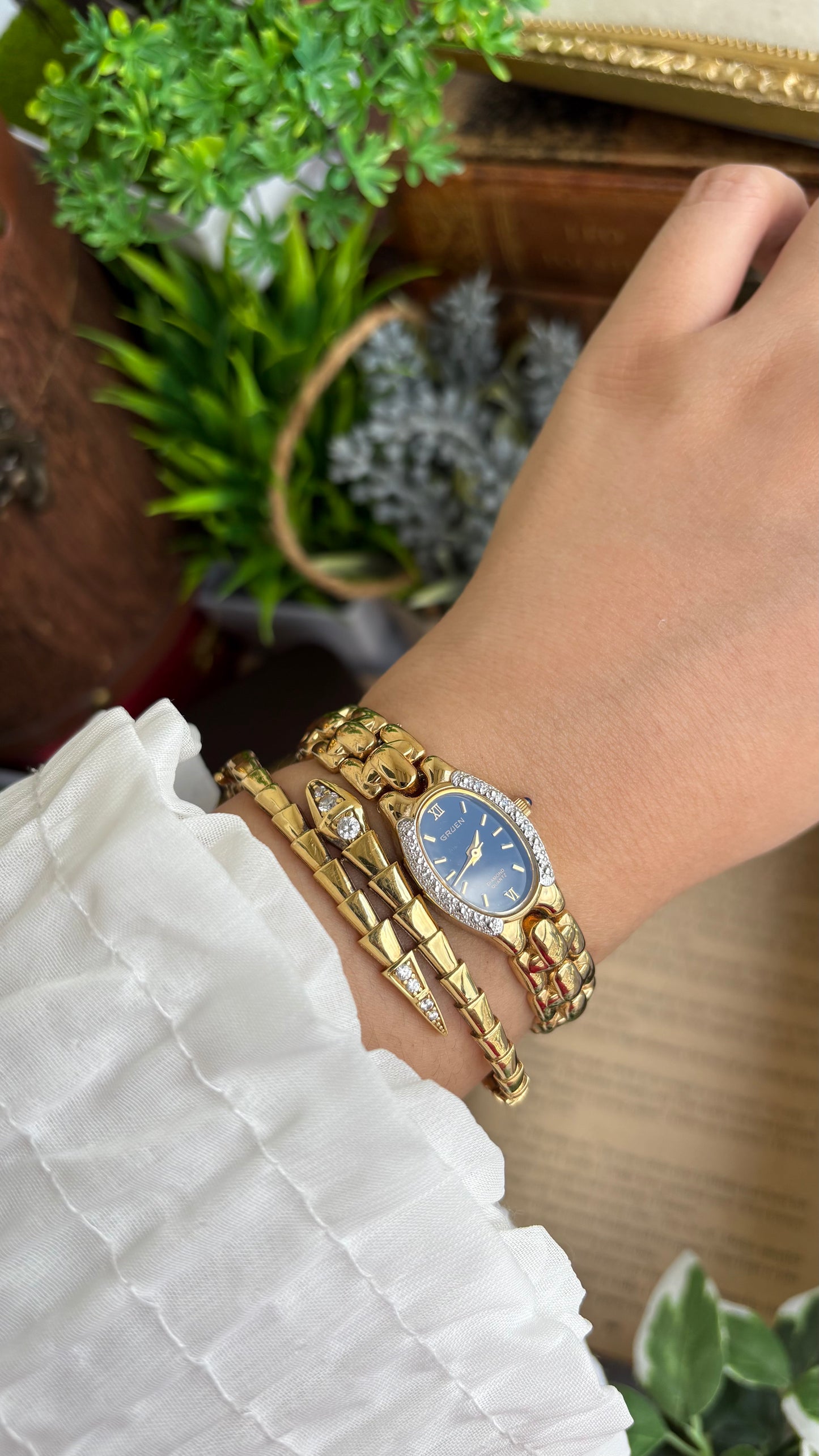 Extremely Rare Vintage Gruen Diamond Bejeweled Watch in Gold Tone Sapphire Crown