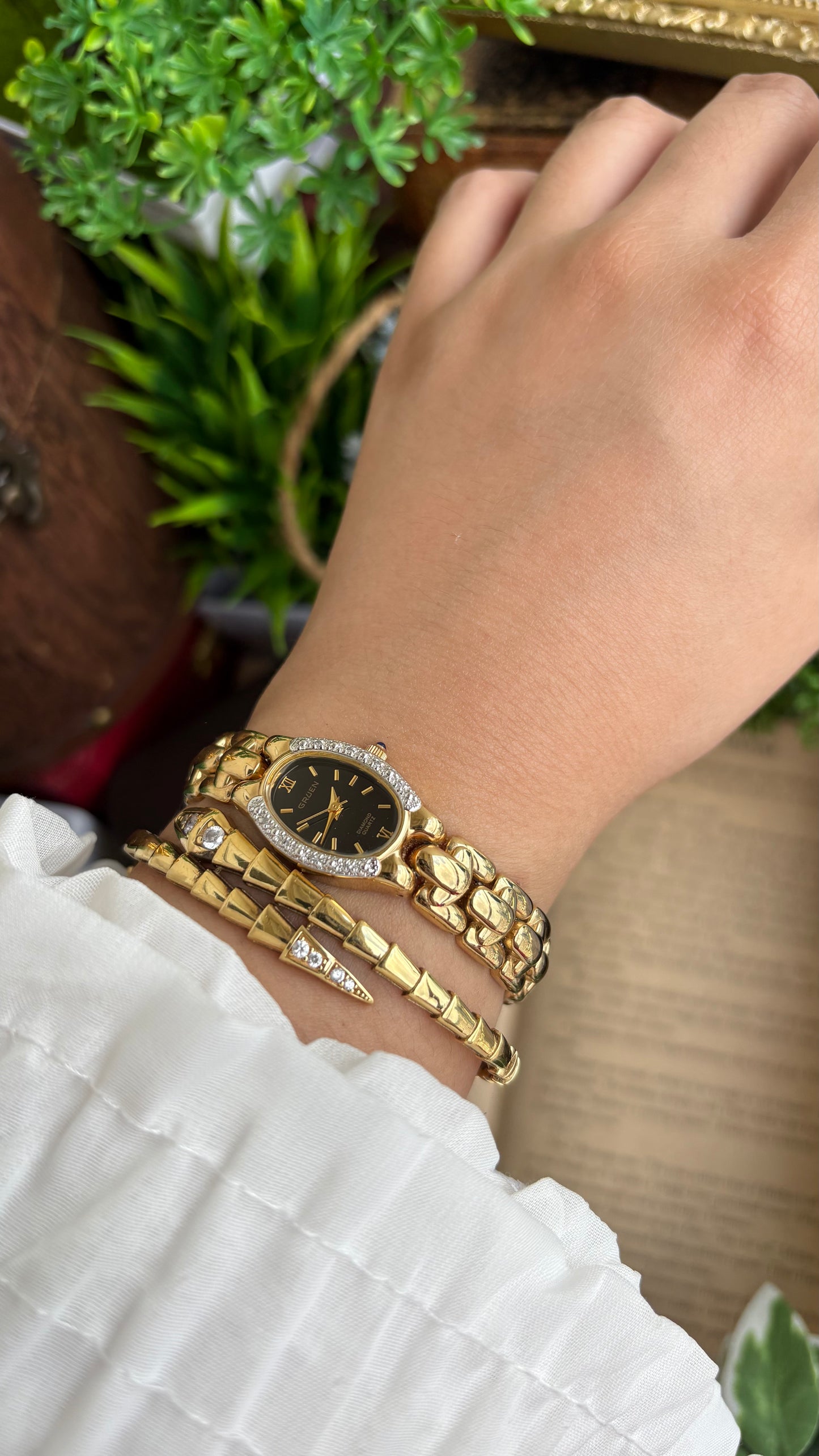 Extremely Rare Vintage Gruen Diamond Bejeweled Watch in Gold Tone Sapphire Crown