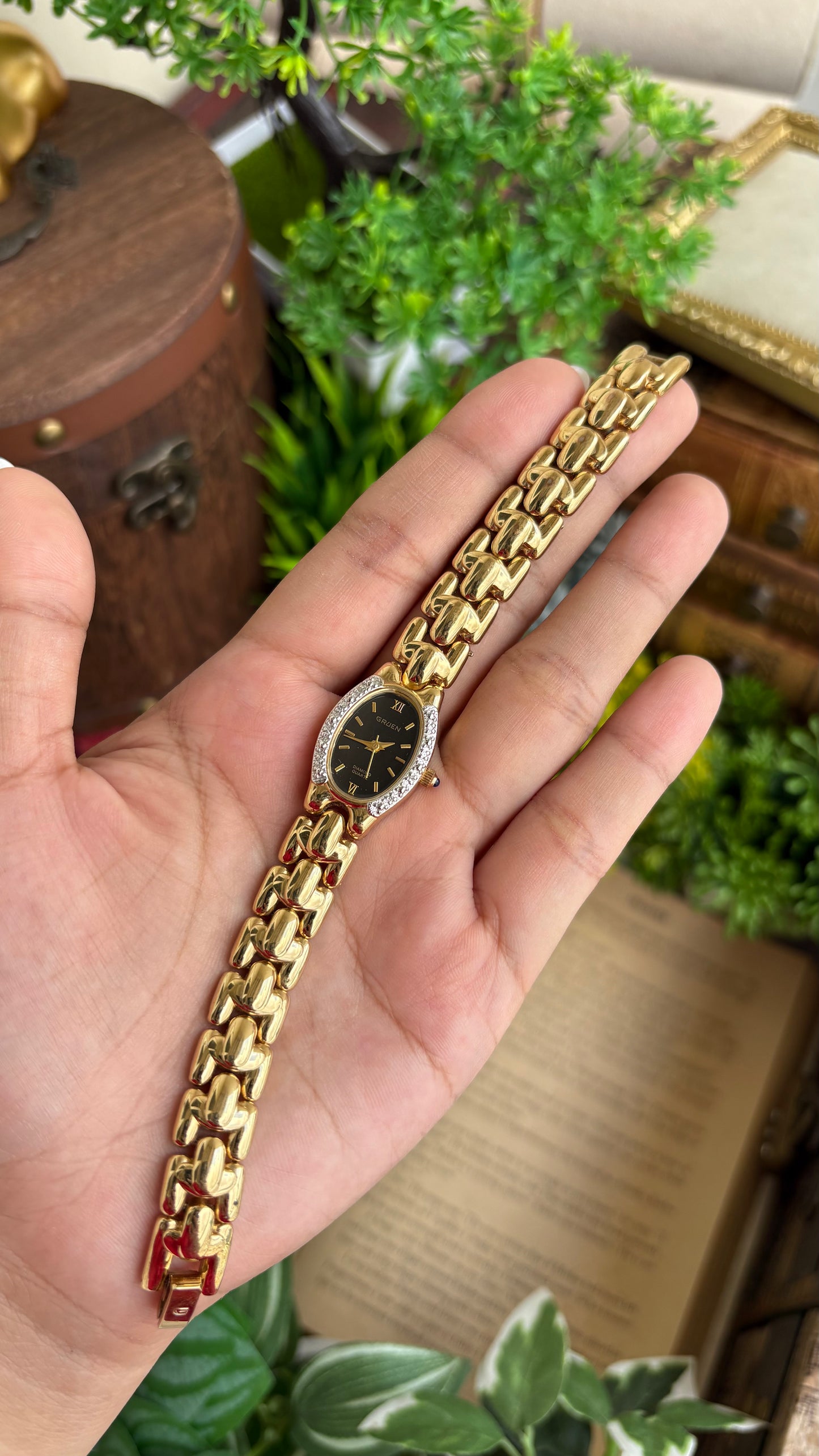 Extremely Rare Vintage Gruen Diamond Bejeweled Watch in Gold Tone Sapphire Crown