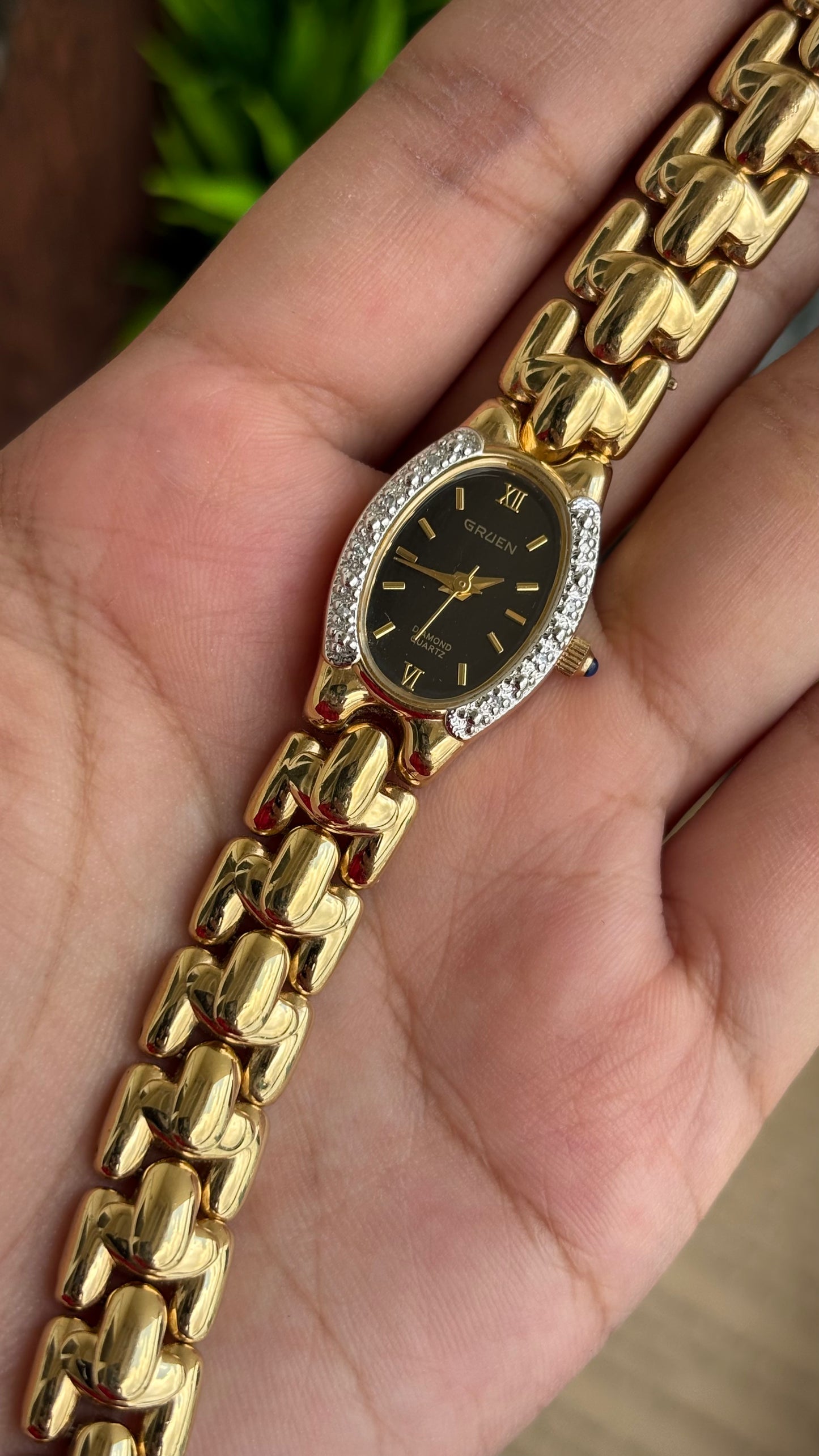 Extremely Rare Vintage Gruen Diamond Bejeweled Watch in Gold Tone Sapphire Crown