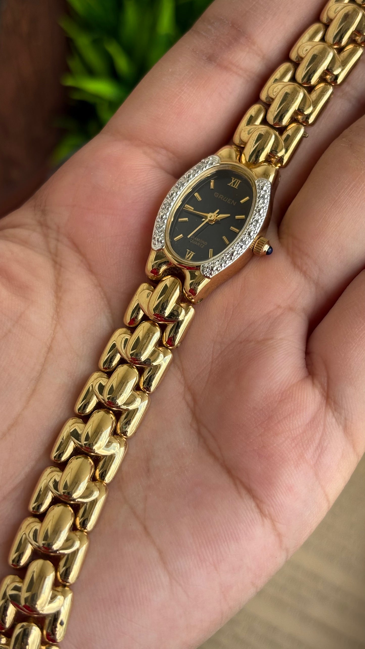 Extremely Rare Vintage Gruen Diamond Bejeweled Watch in Gold Tone Sapphire Crown