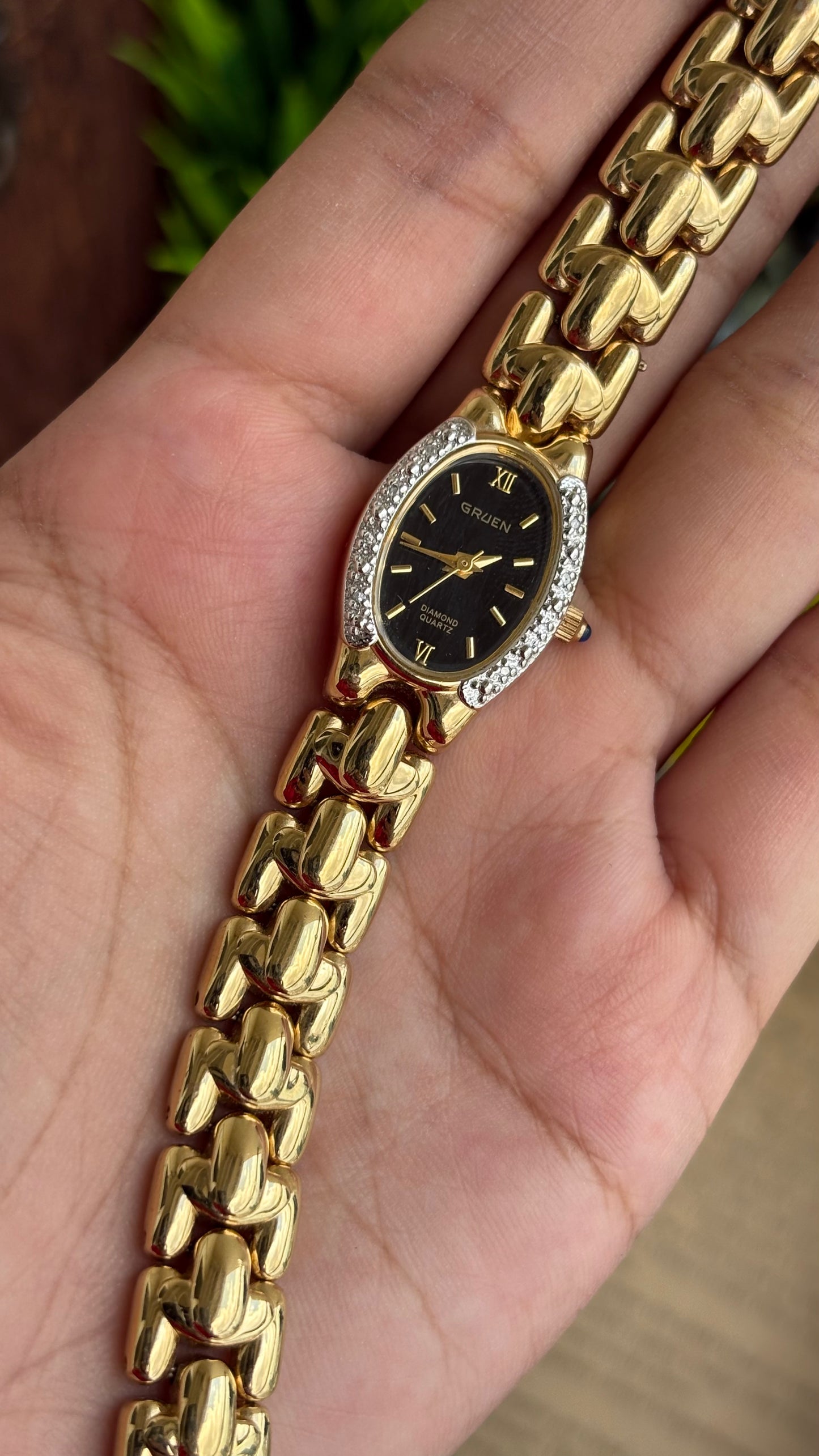 Extremely Rare Vintage Gruen Diamond Bejeweled Watch in Gold Tone Sapphire Crown