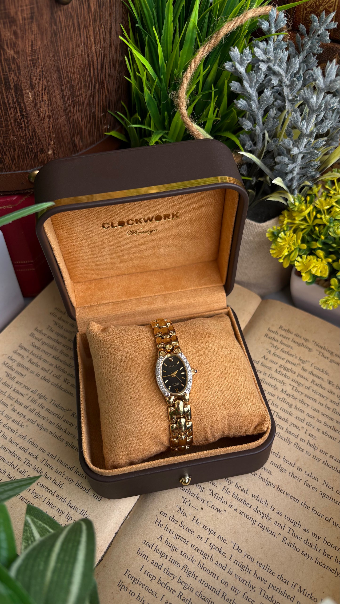 Extremely Rare Vintage Gruen Diamond Bejeweled Watch in Gold Tone Sapphire Crown