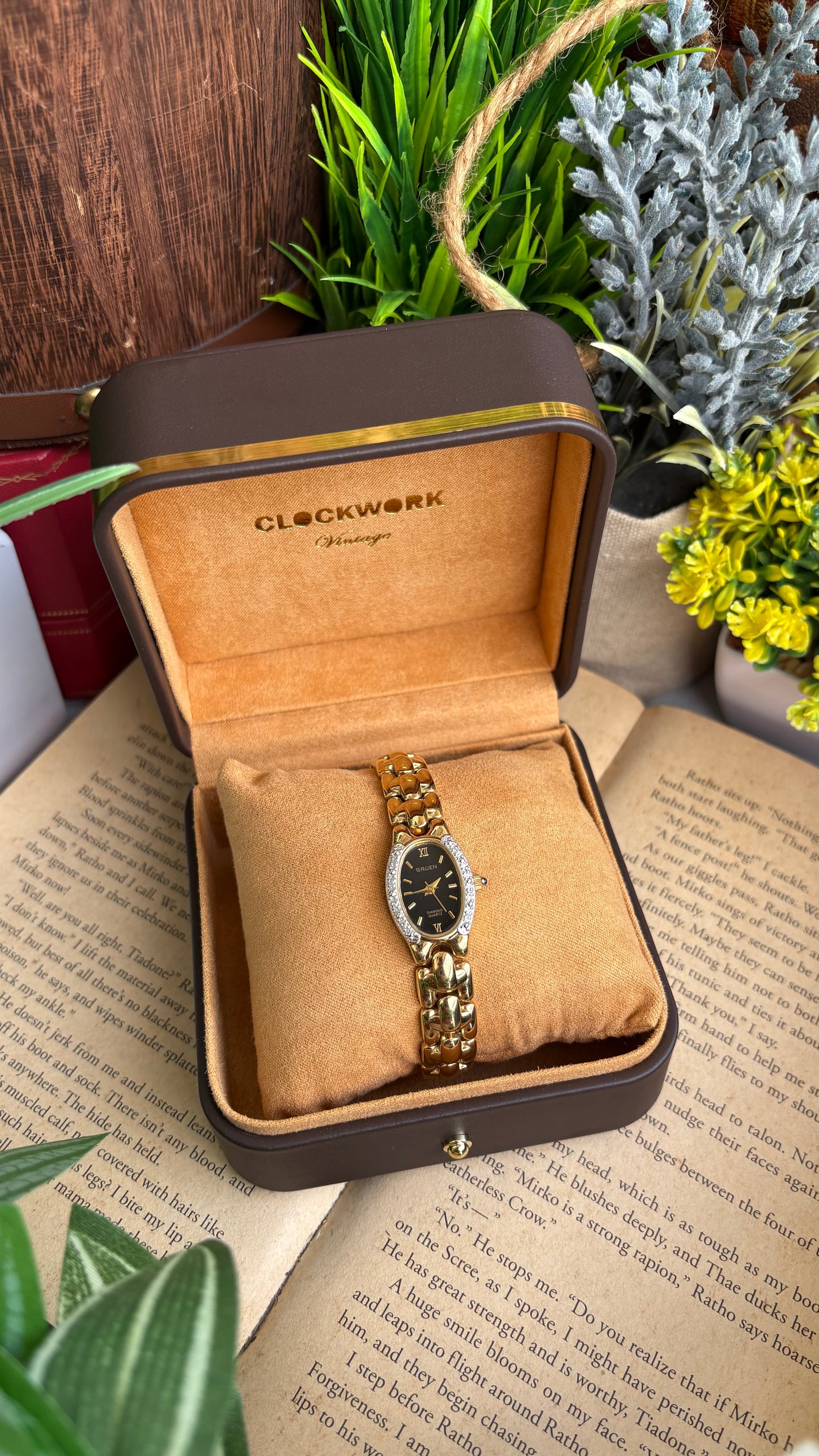Extremely Rare Vintage Gruen Diamond Bejeweled Watch in Gold Tone Sapphire Crown