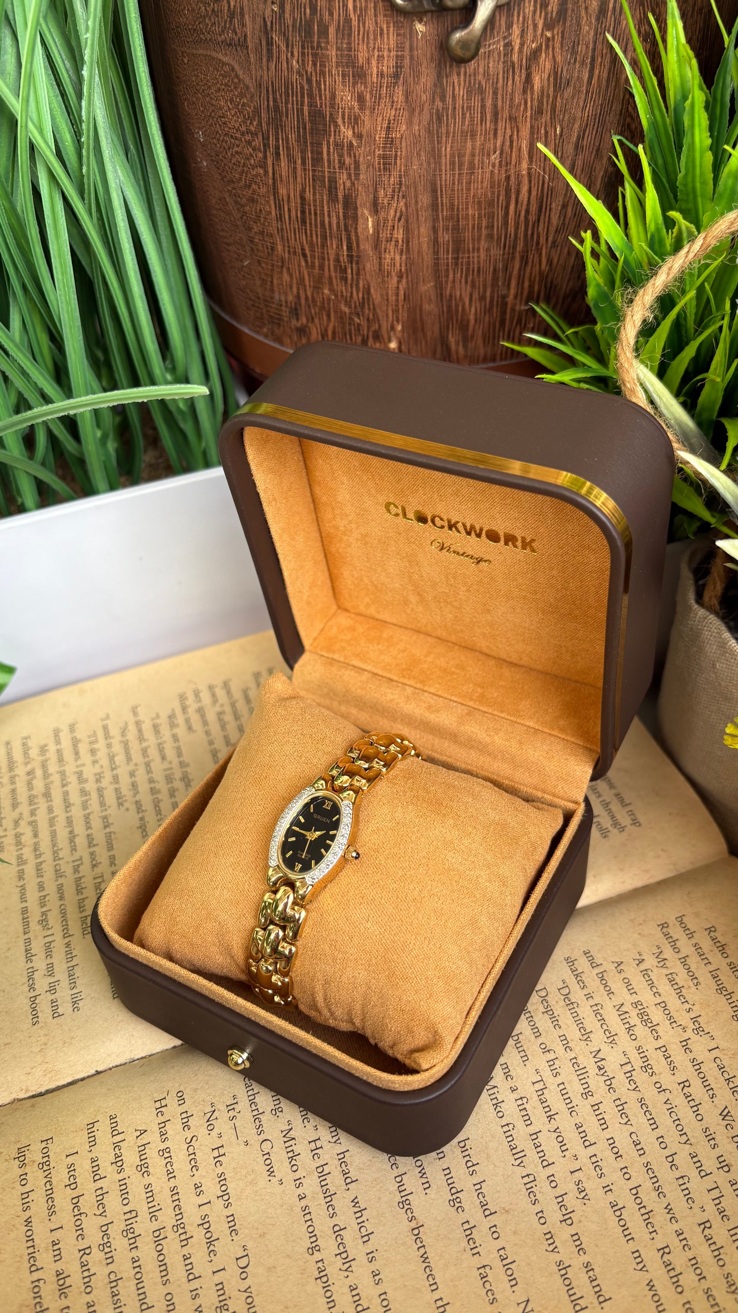 Extremely Rare Vintage Gruen Diamond Bejeweled Watch in Gold Tone Sapphire Crown
