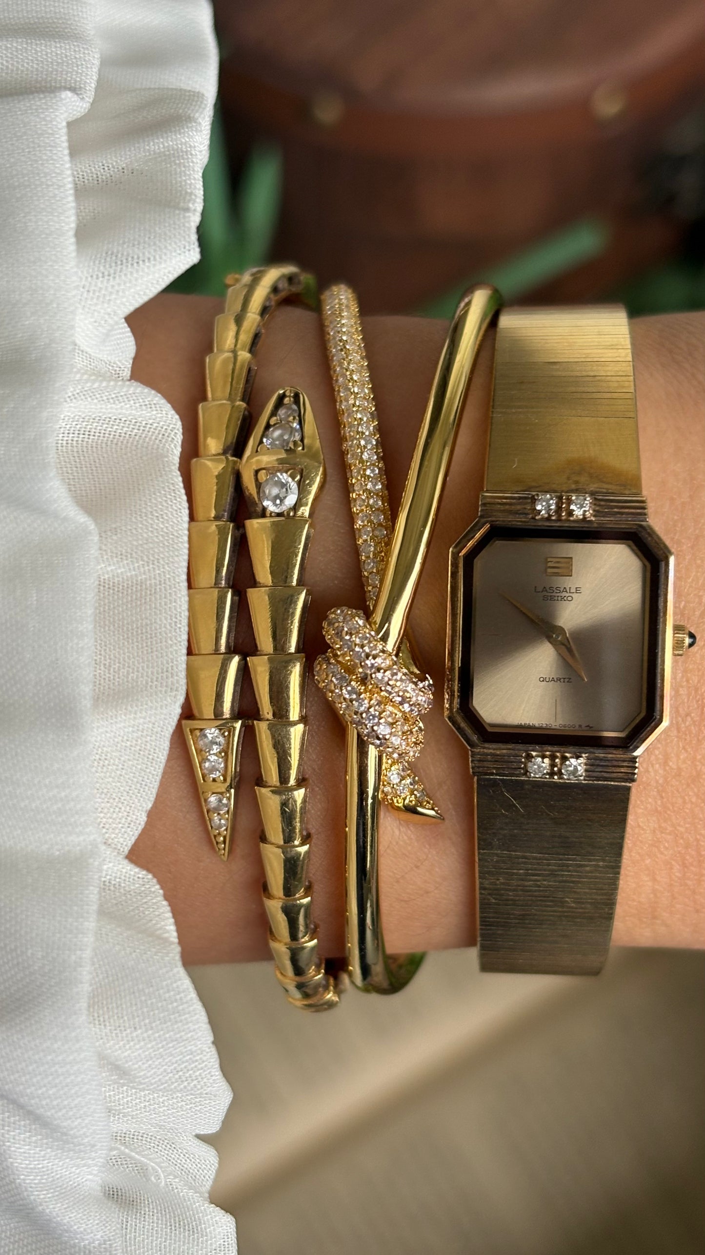 Extremely Rare Vintage Lassale Seiko Watch in Gold Tone with Four Diamonds
