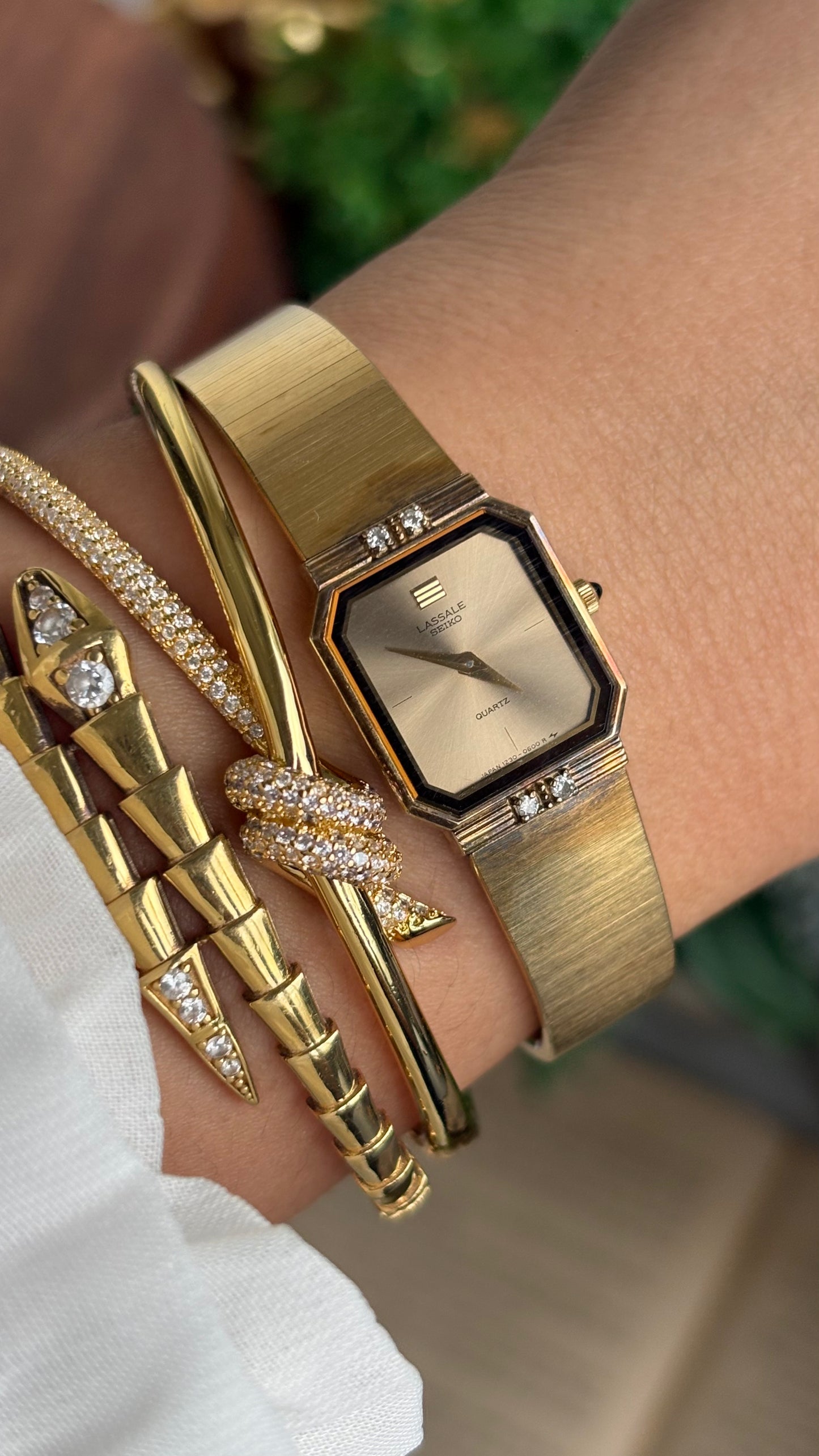 Extremely Rare Vintage Lassale Seiko Watch in Gold Tone with Four Diamonds