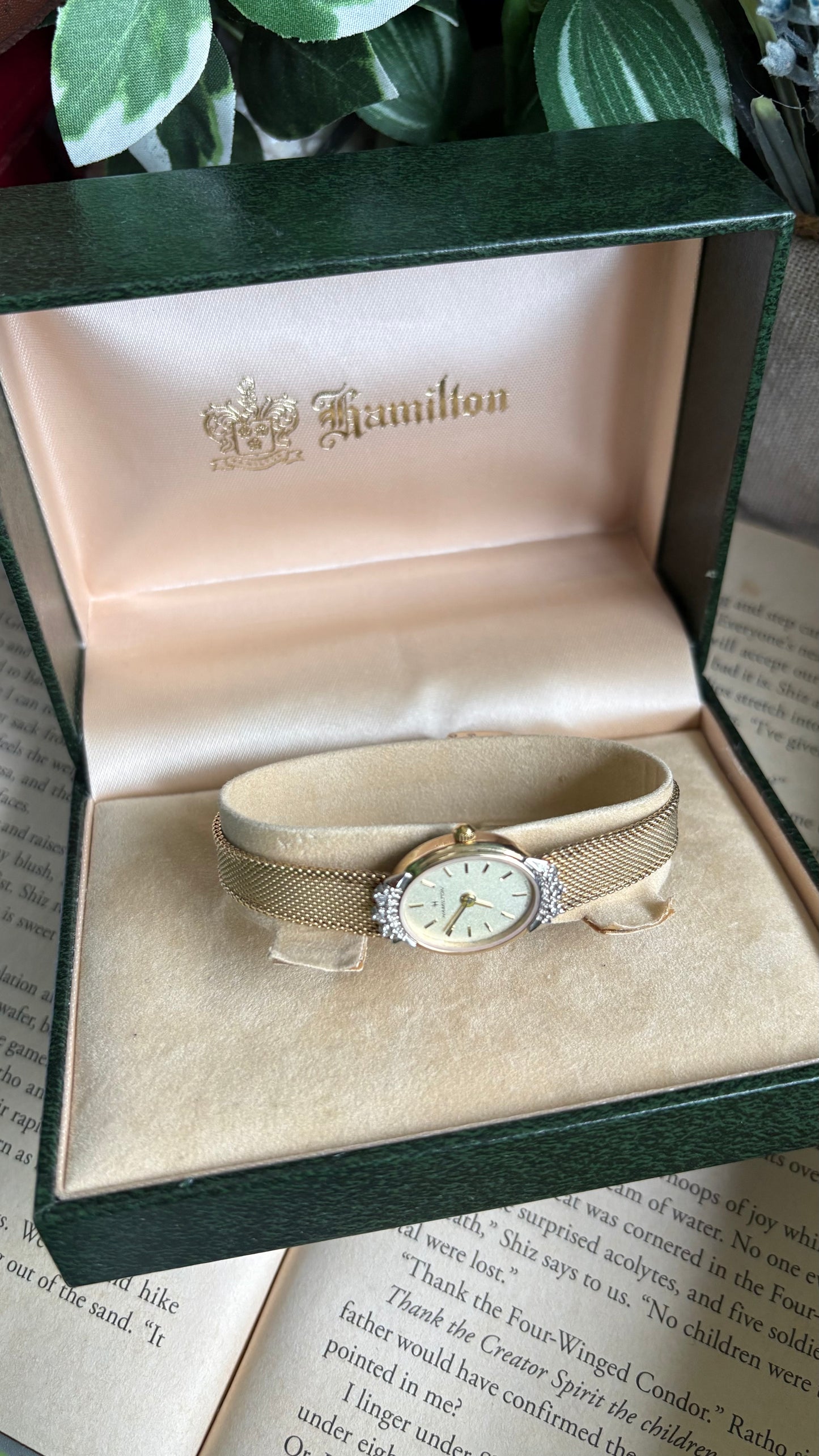 Extremely Rare Vintage Hamilton Swiss Watch in Gold Tone Oval Face with Genuine Diamonds and Original Vintage Hamilton Box
