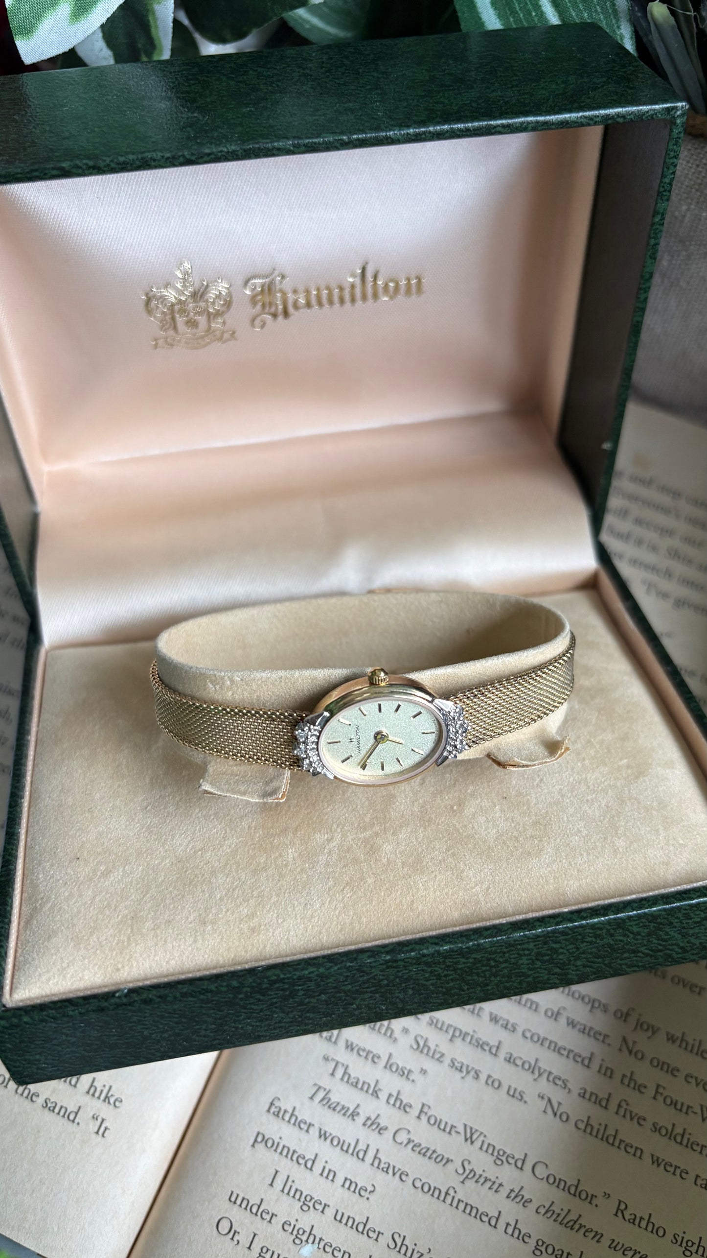 Extremely Rare Vintage Hamilton Swiss Watch in Gold Tone Oval Face with Genuine Diamonds and Original Vintage Hamilton Box