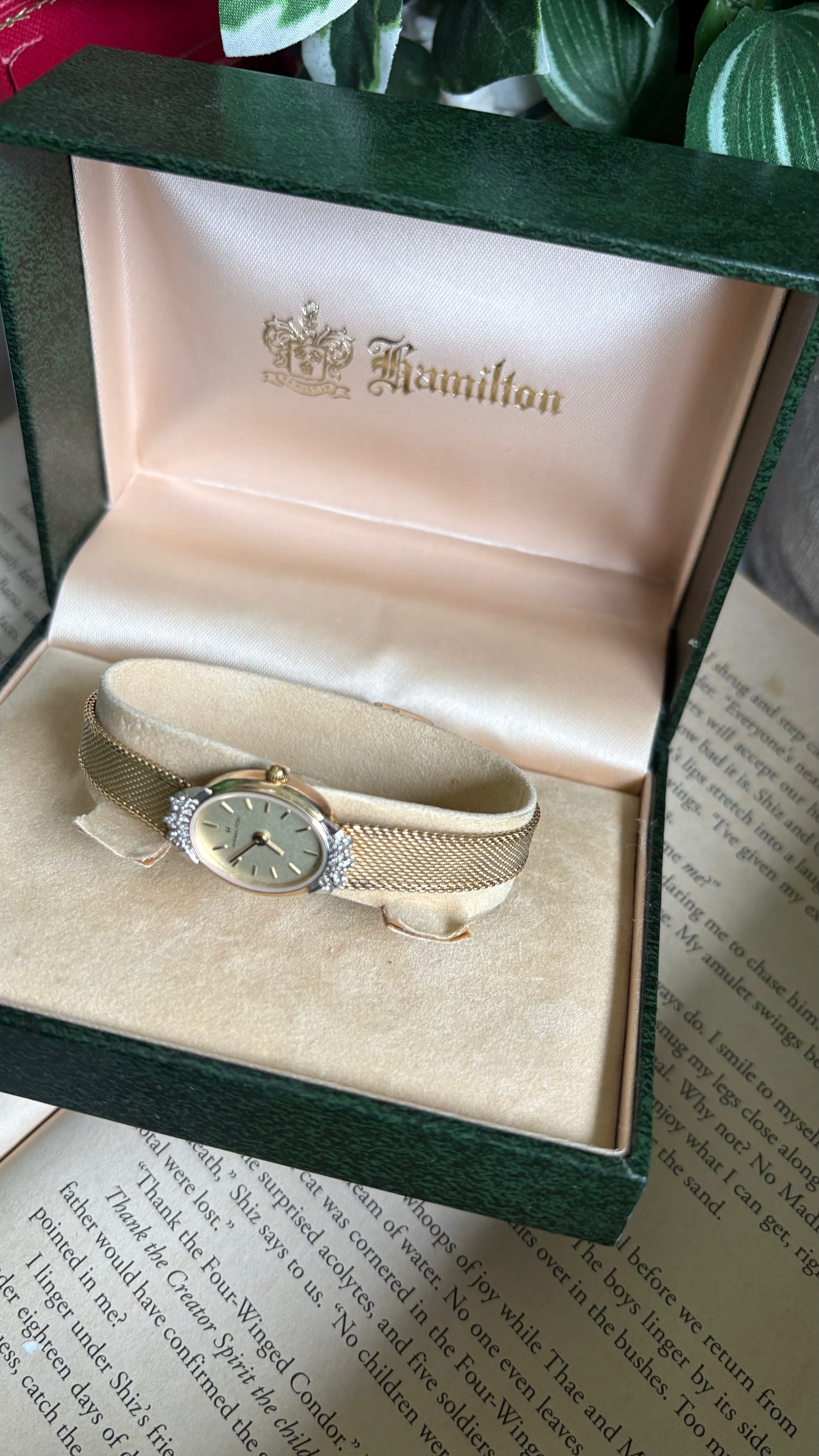 Extremely Rare Vintage Hamilton Swiss Watch in Gold Tone Oval Face with Genuine Diamonds and Original Vintage Hamilton Box