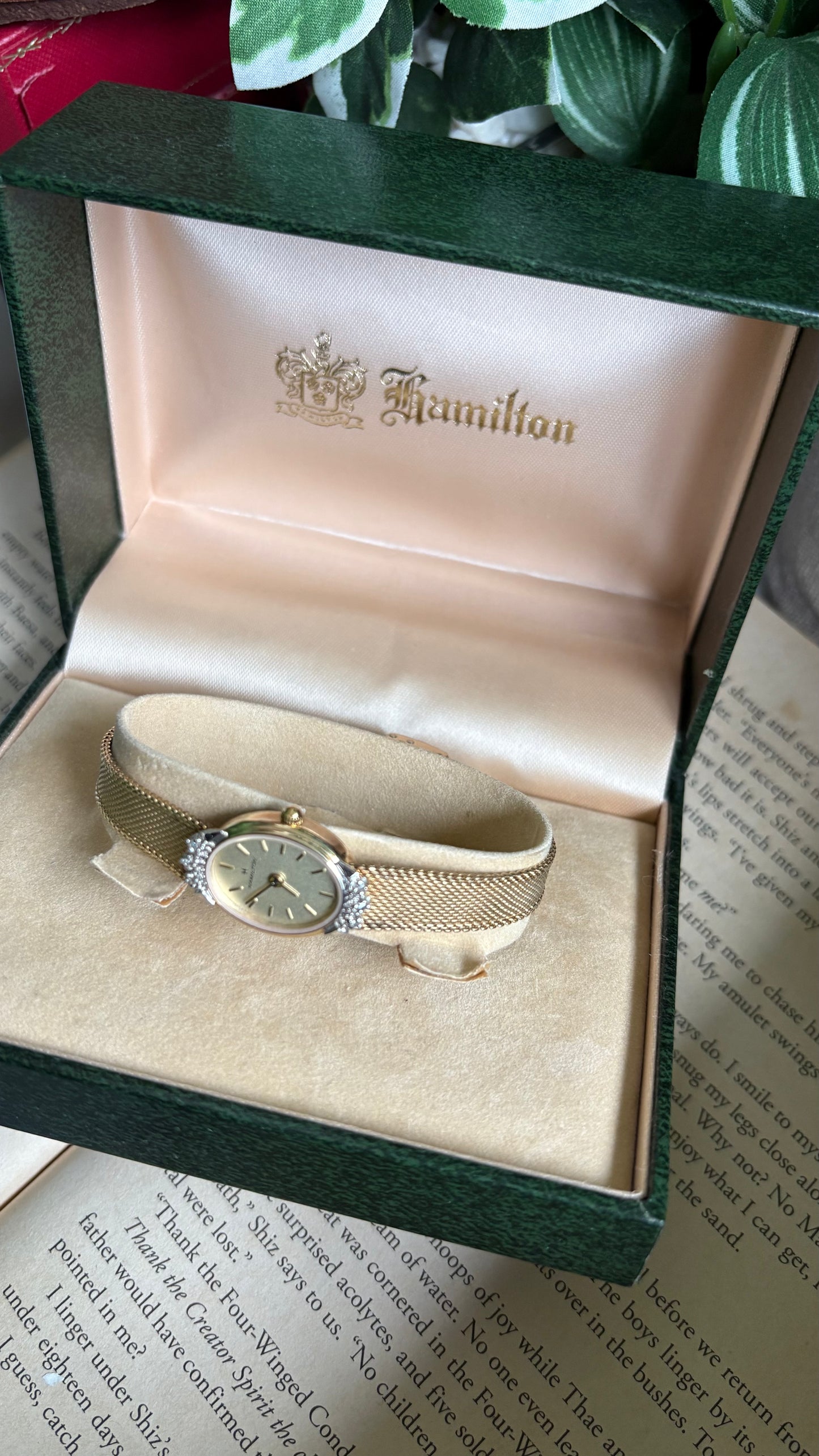Extremely Rare Vintage Hamilton Swiss Watch in Gold Tone Oval Face with Genuine Diamonds and Original Vintage Hamilton Box